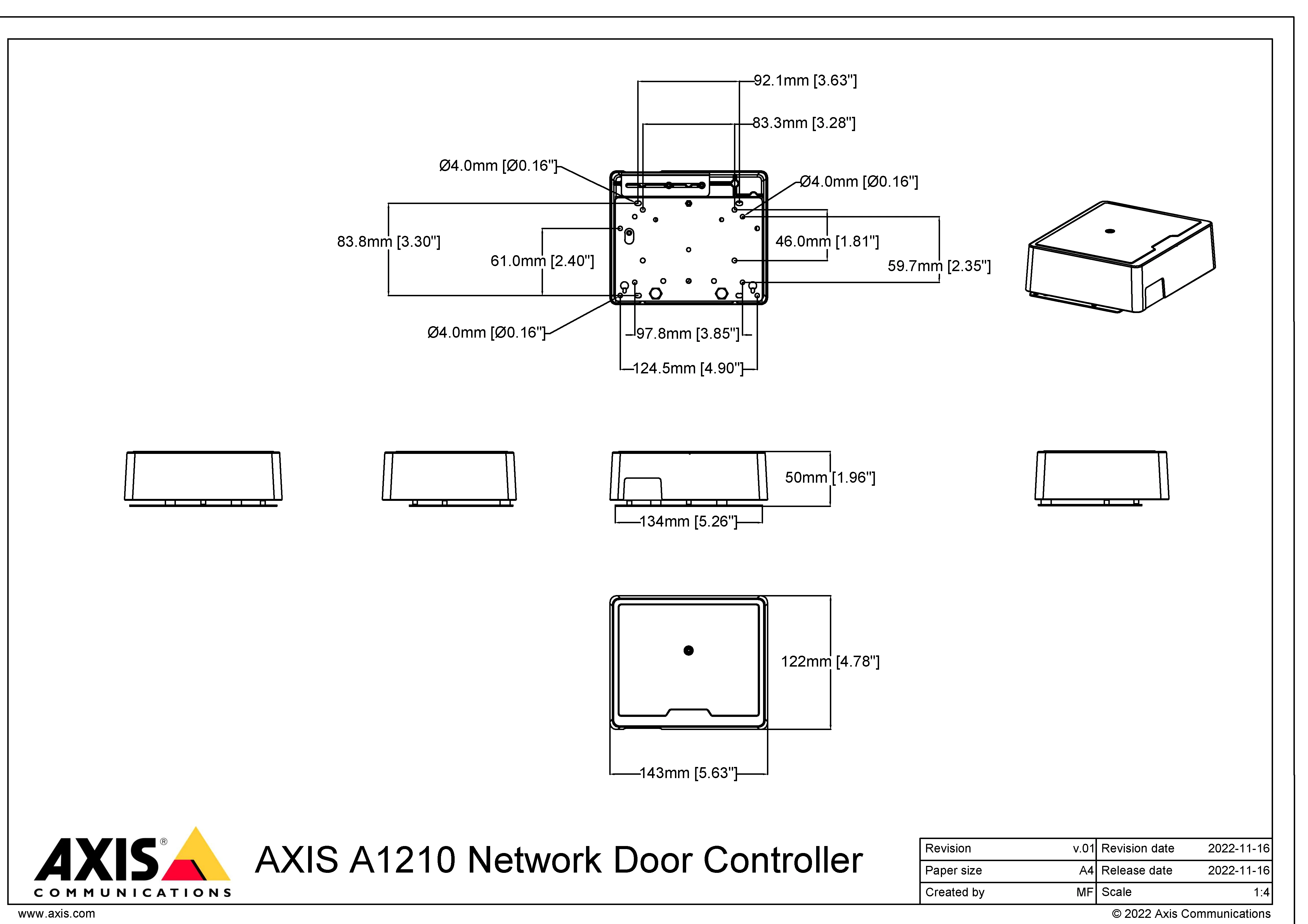 AXIS A1210 from Axis Communications - dimension diagram showing mounting measurements (view 2)