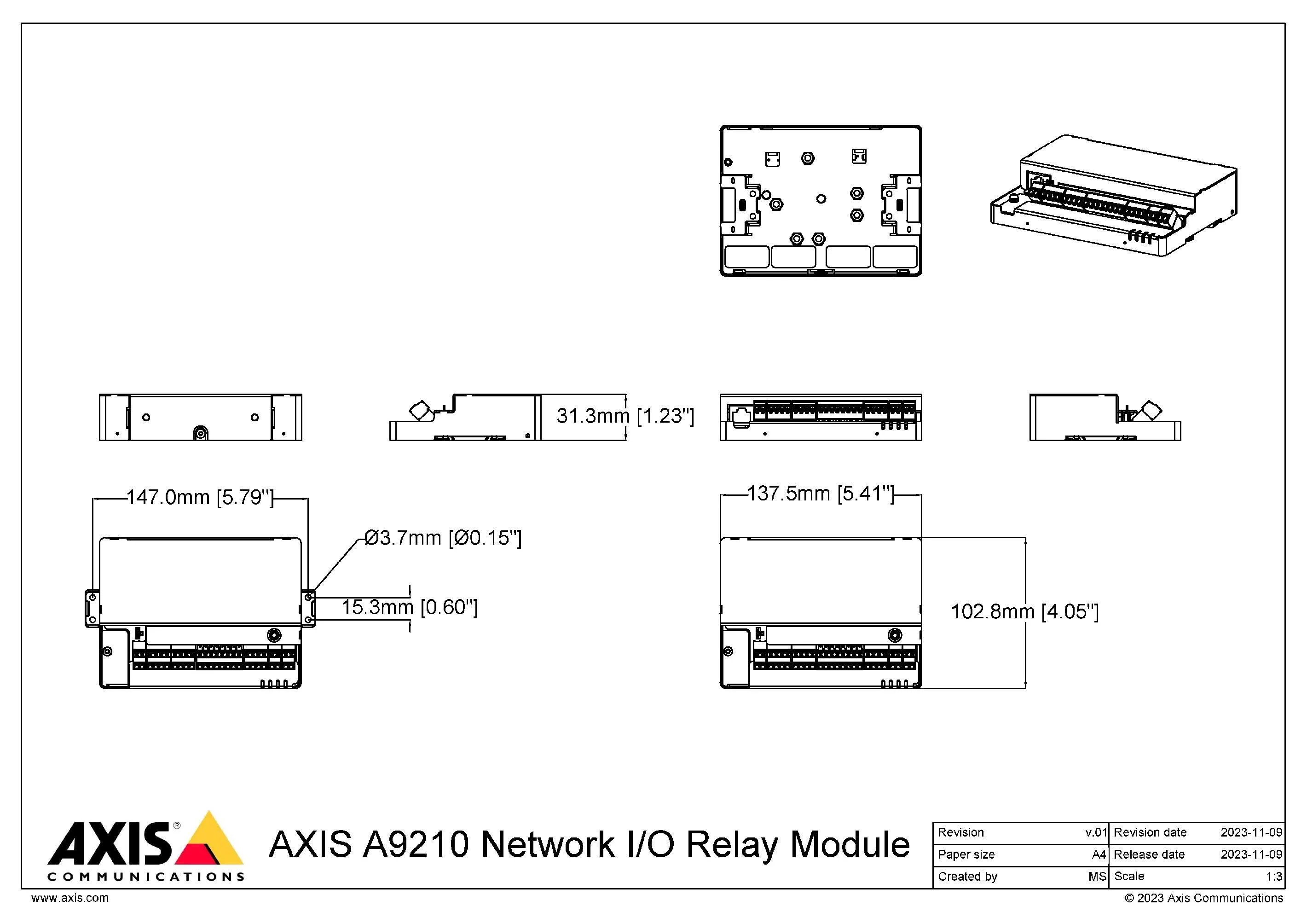 AXIS A9210 from Axis Communications - dimension diagram showing mounting measurements