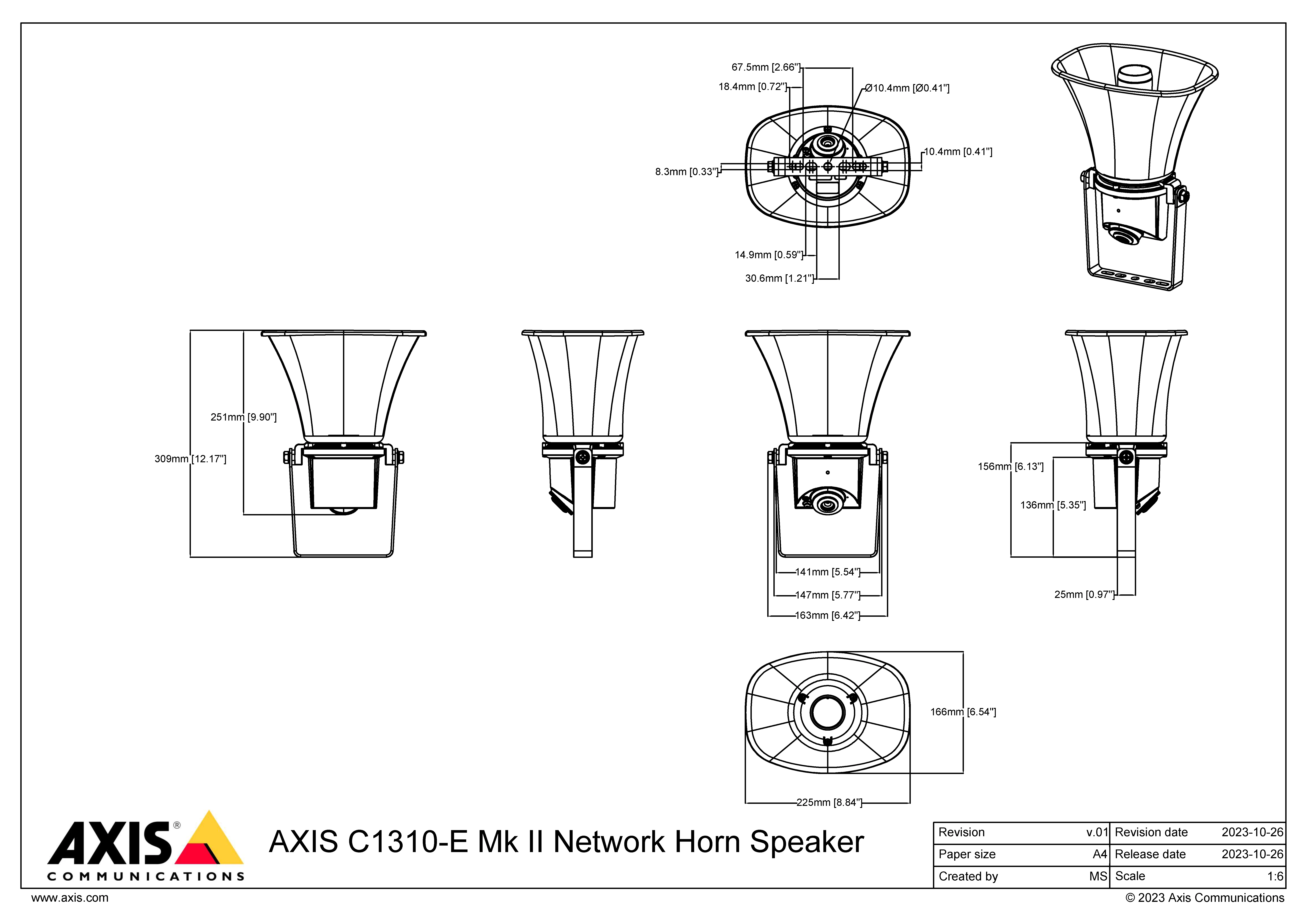 AXIS C1310-E from Axis Communications - dimension diagram showing mounting measurements (view 2)