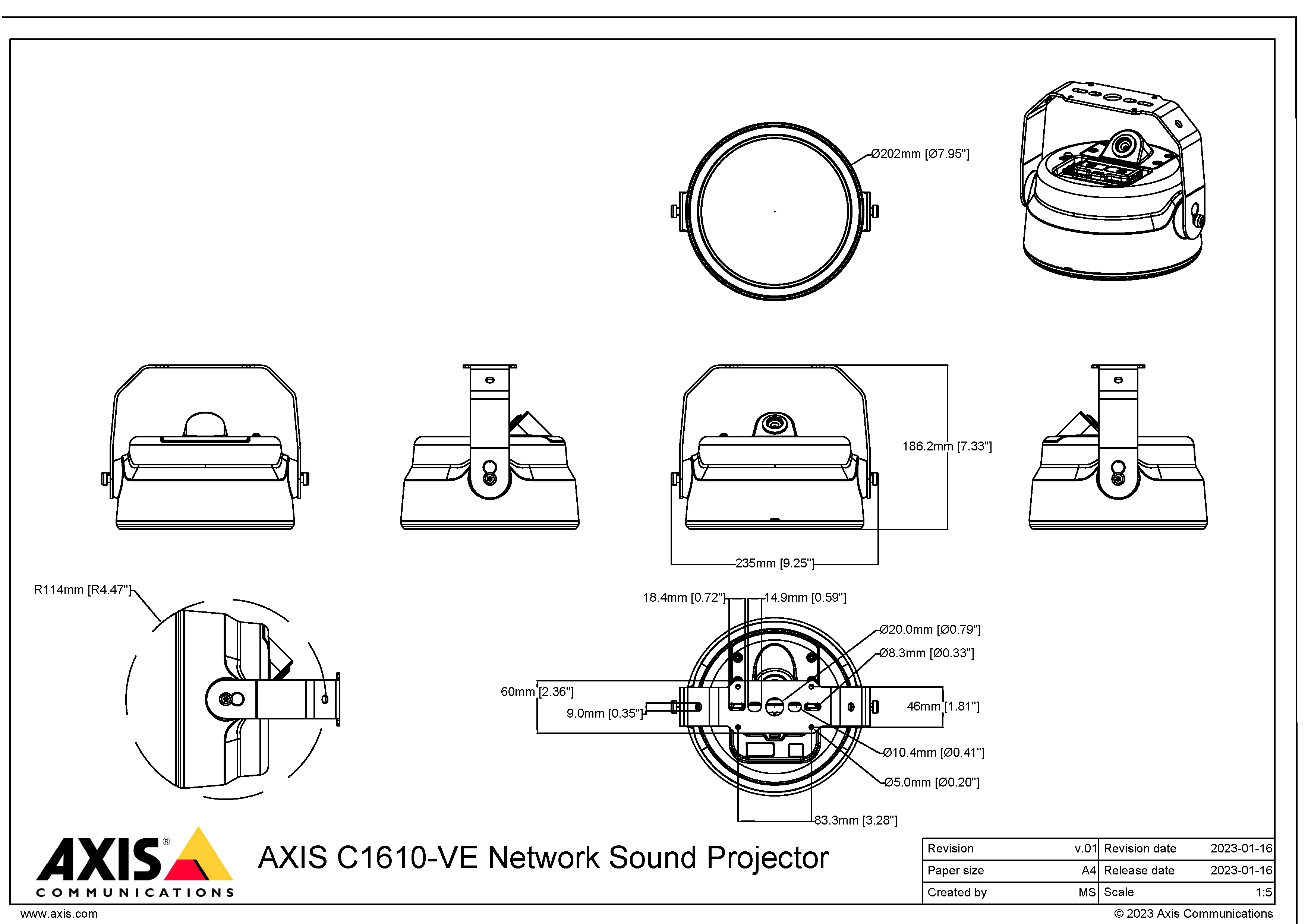 AXIS C1610-VE from Axis Communications - dimension diagram showing mounting measurements (view 2)