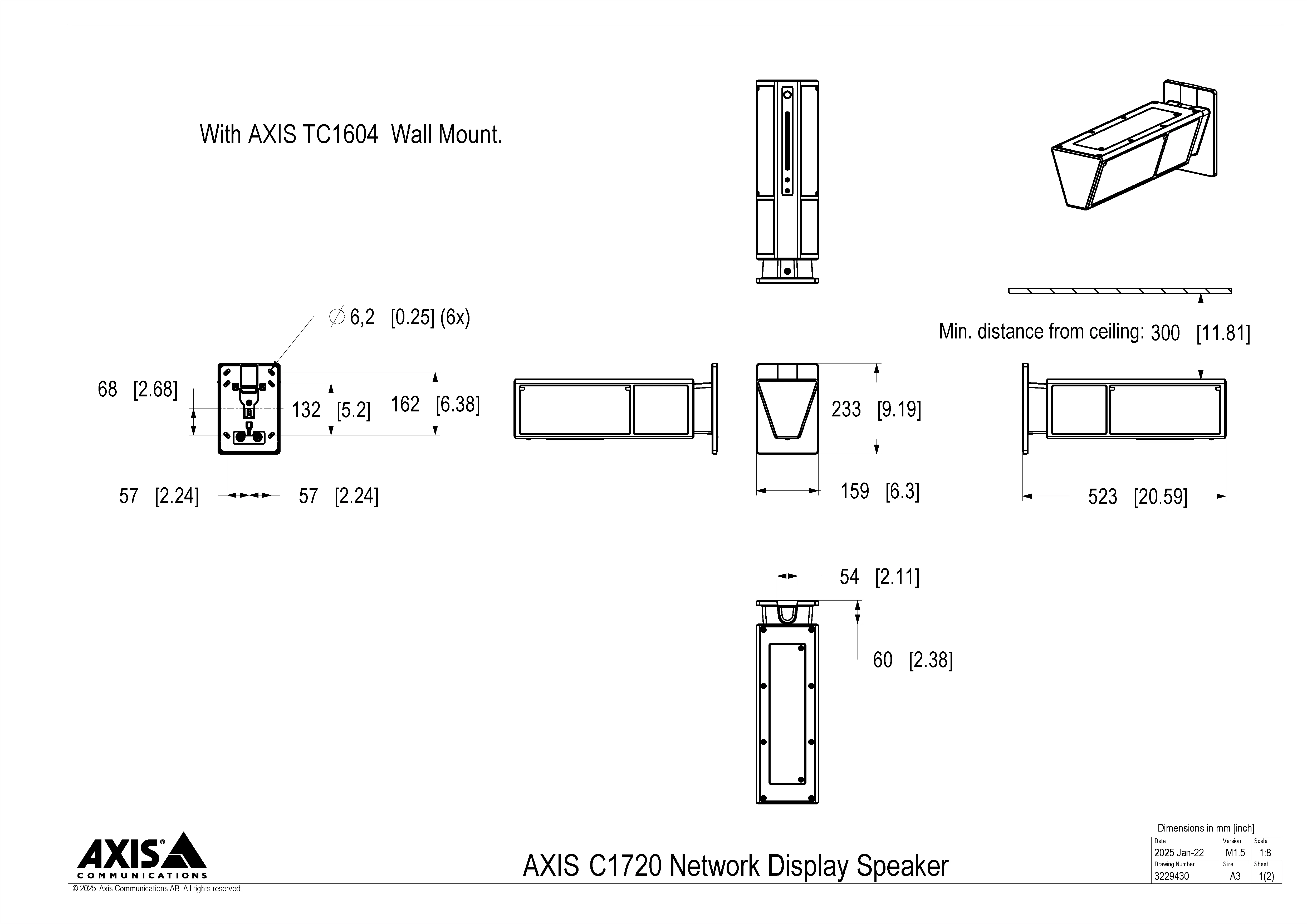 AXIS C1720 from Axis Communications - dimension diagram showing mounting measurements (view 3)