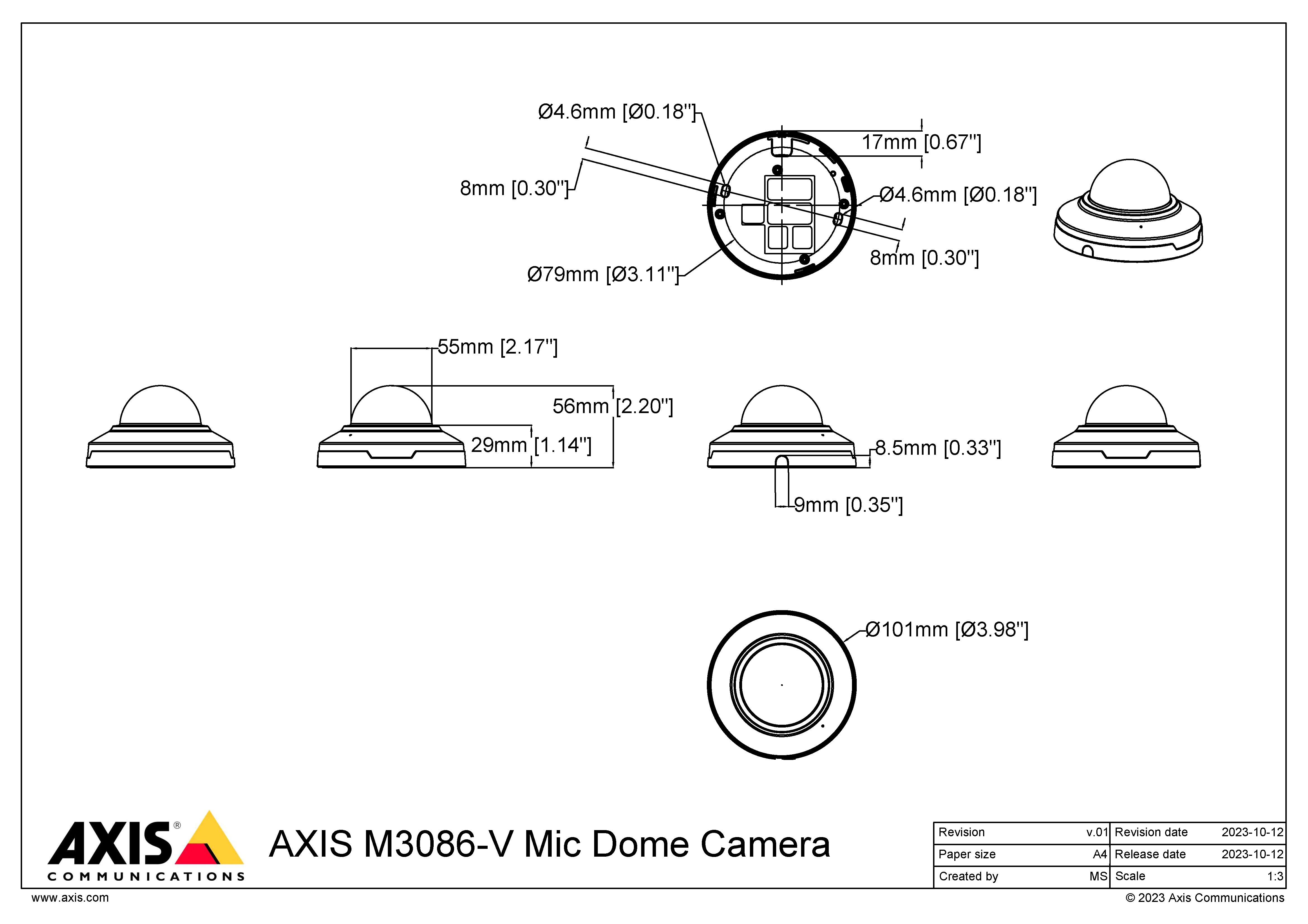 AXIS M3086-V from Axis Communications - dimension diagram showing mounting measurements (view 3)