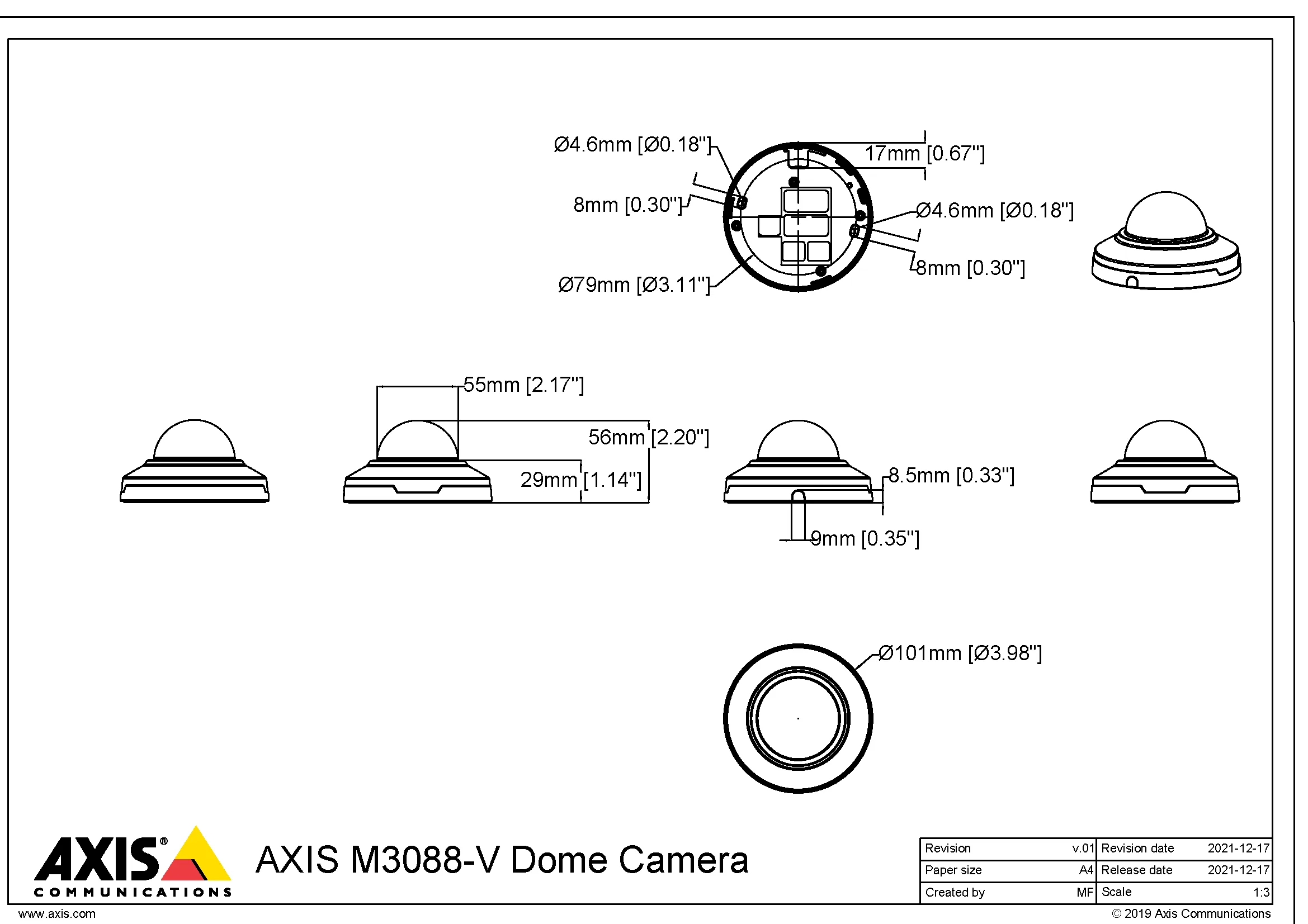 AXIS M3088-V from Axis Communications - dimension diagram showing mounting measurements