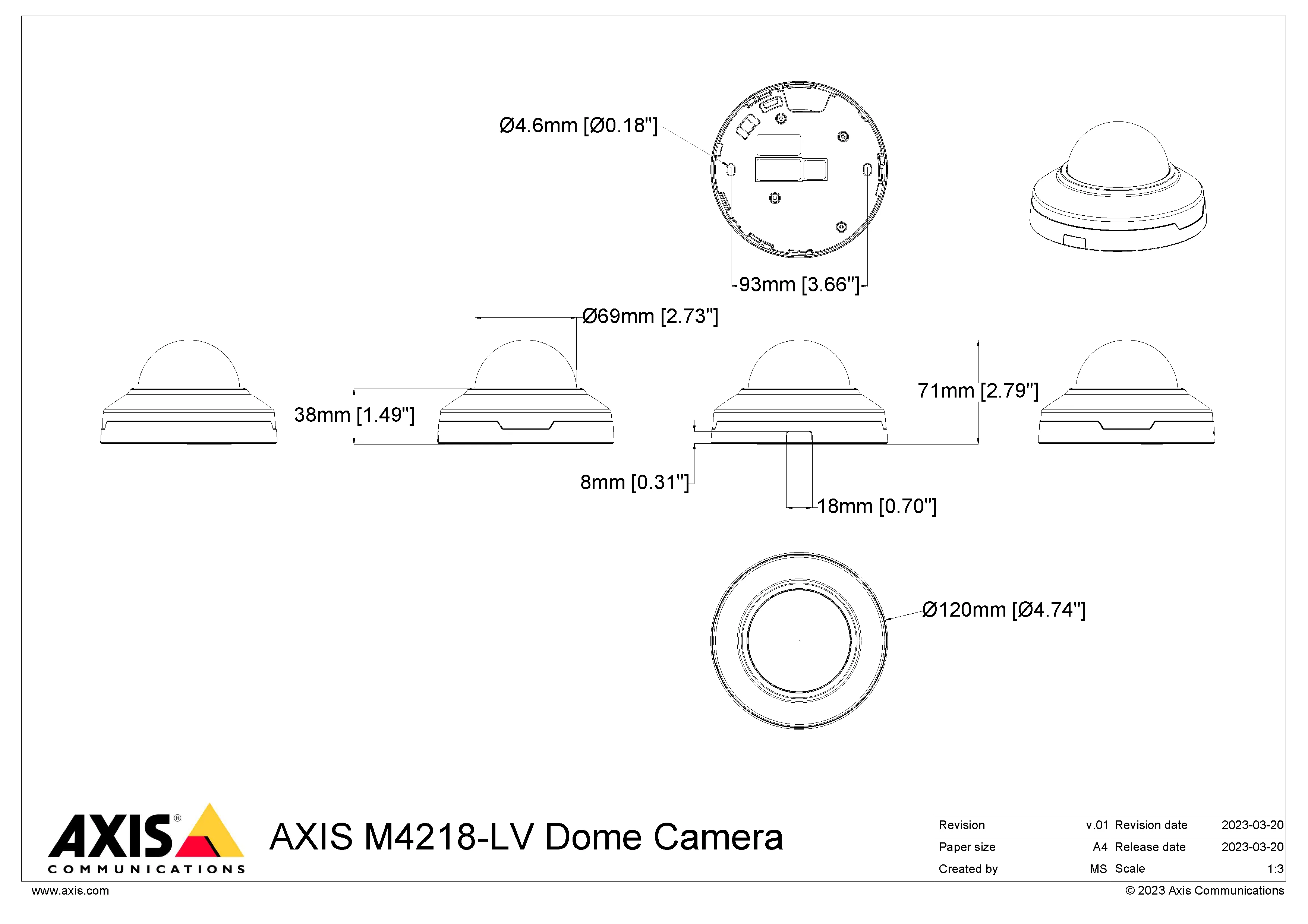 AXIS M4218-LV from Axis Communications - dimension diagram showing mounting measurements