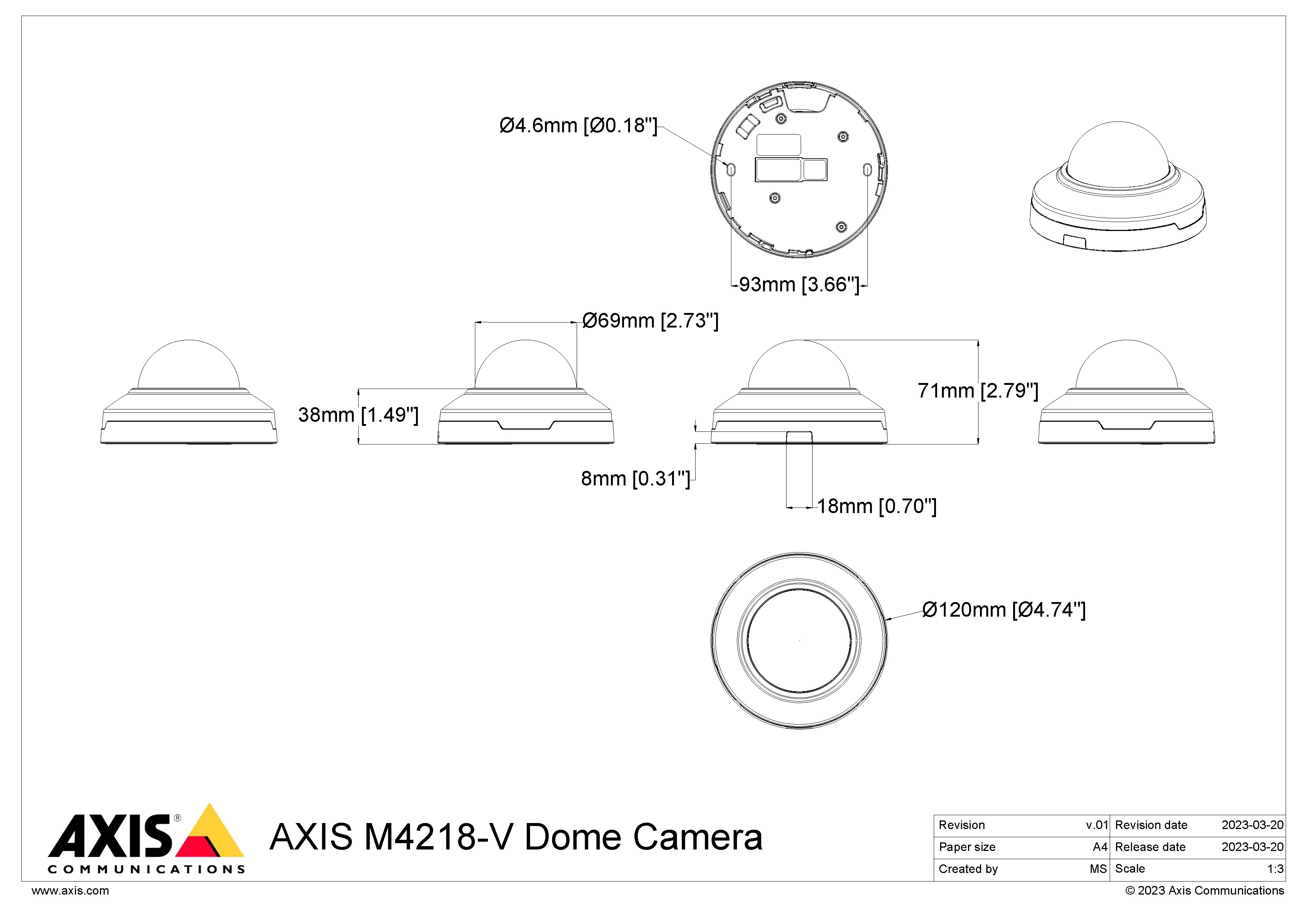 AXIS M4218-V from Axis Communications - dimension diagram showing mounting measurements
