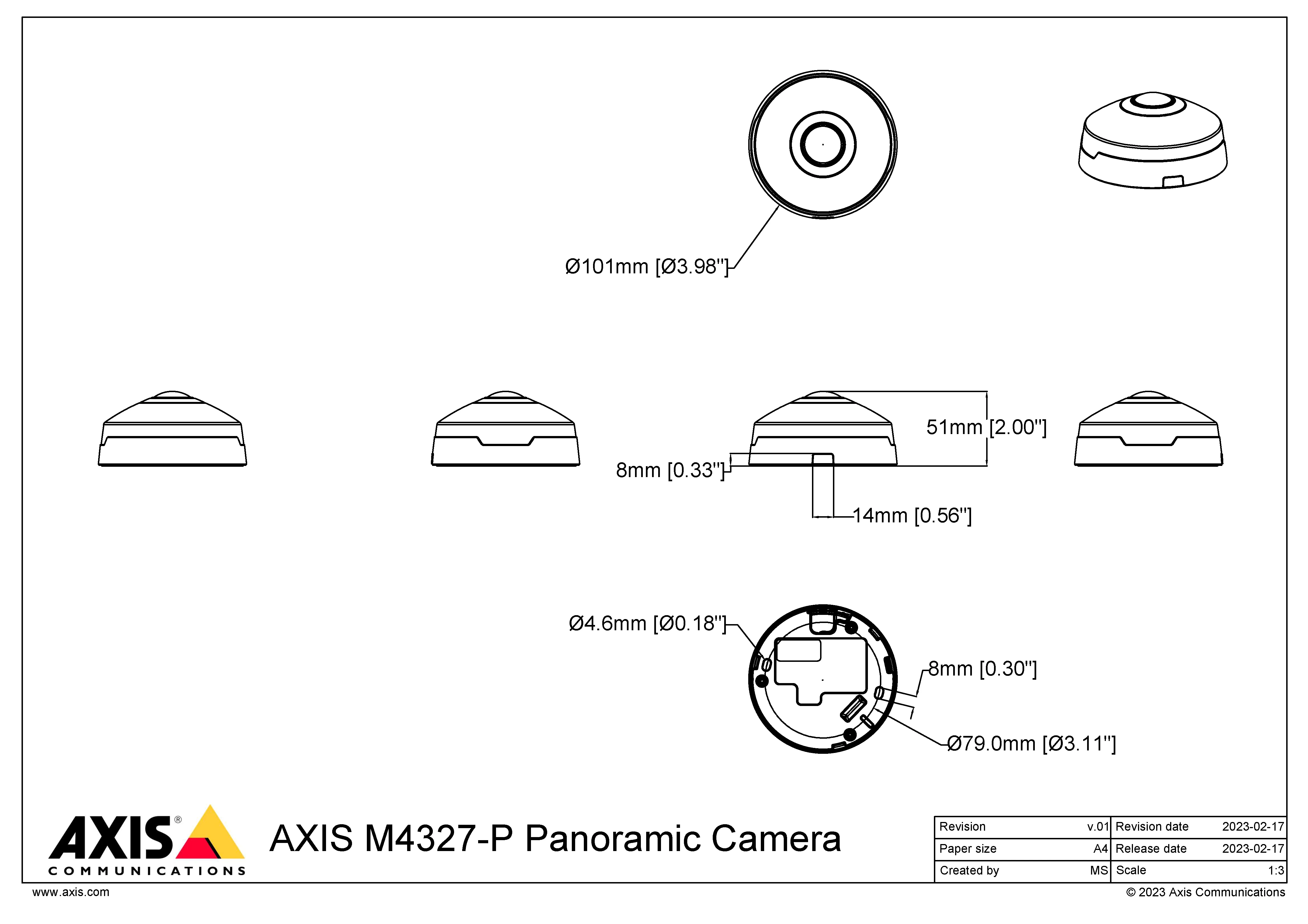 AXIS M4327-P from Axis Communications - dimension diagram showing mounting measurements (view 2)