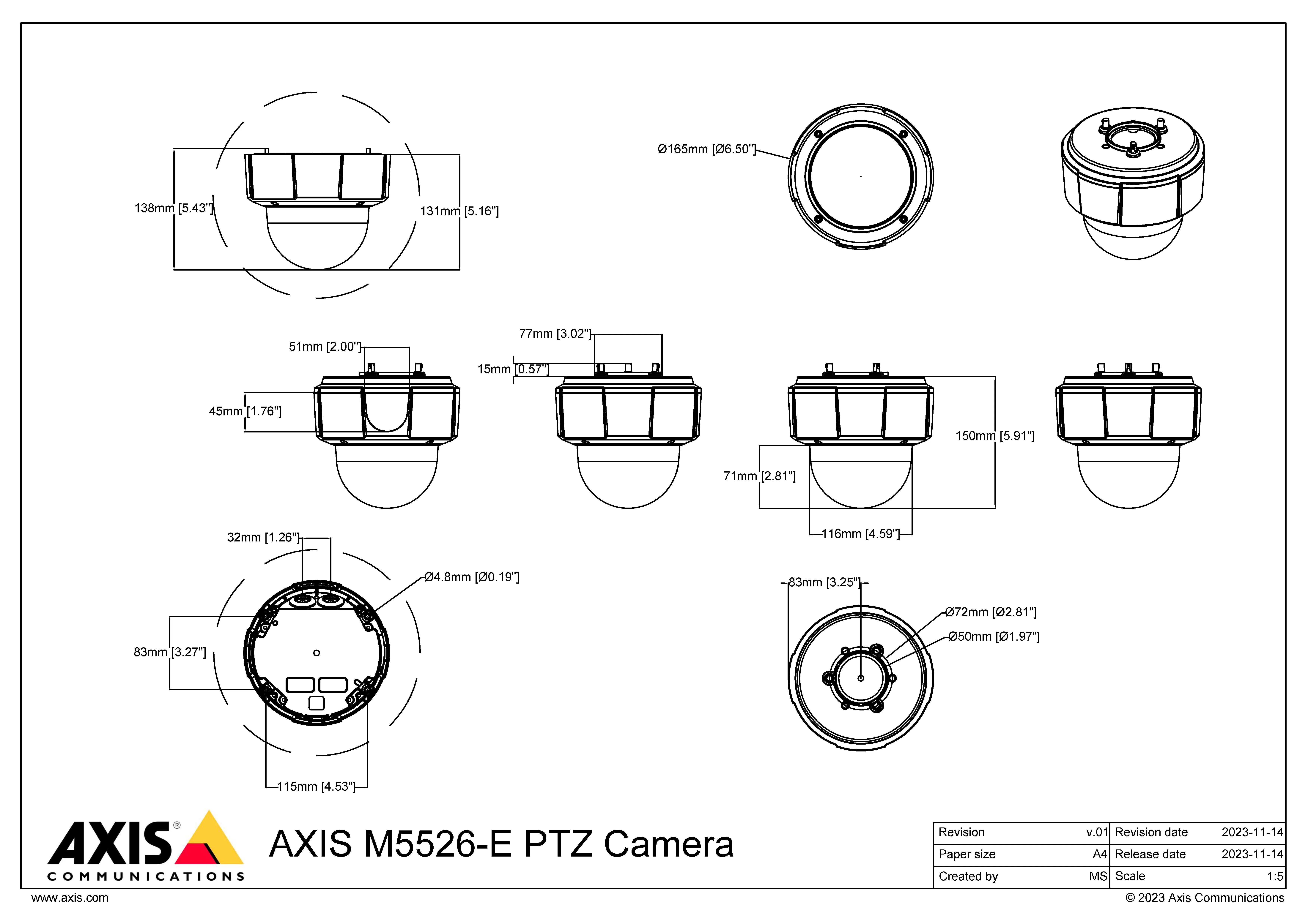 AXIS M5526-E from Axis Communications - dimension diagram showing mounting measurements (view 3)