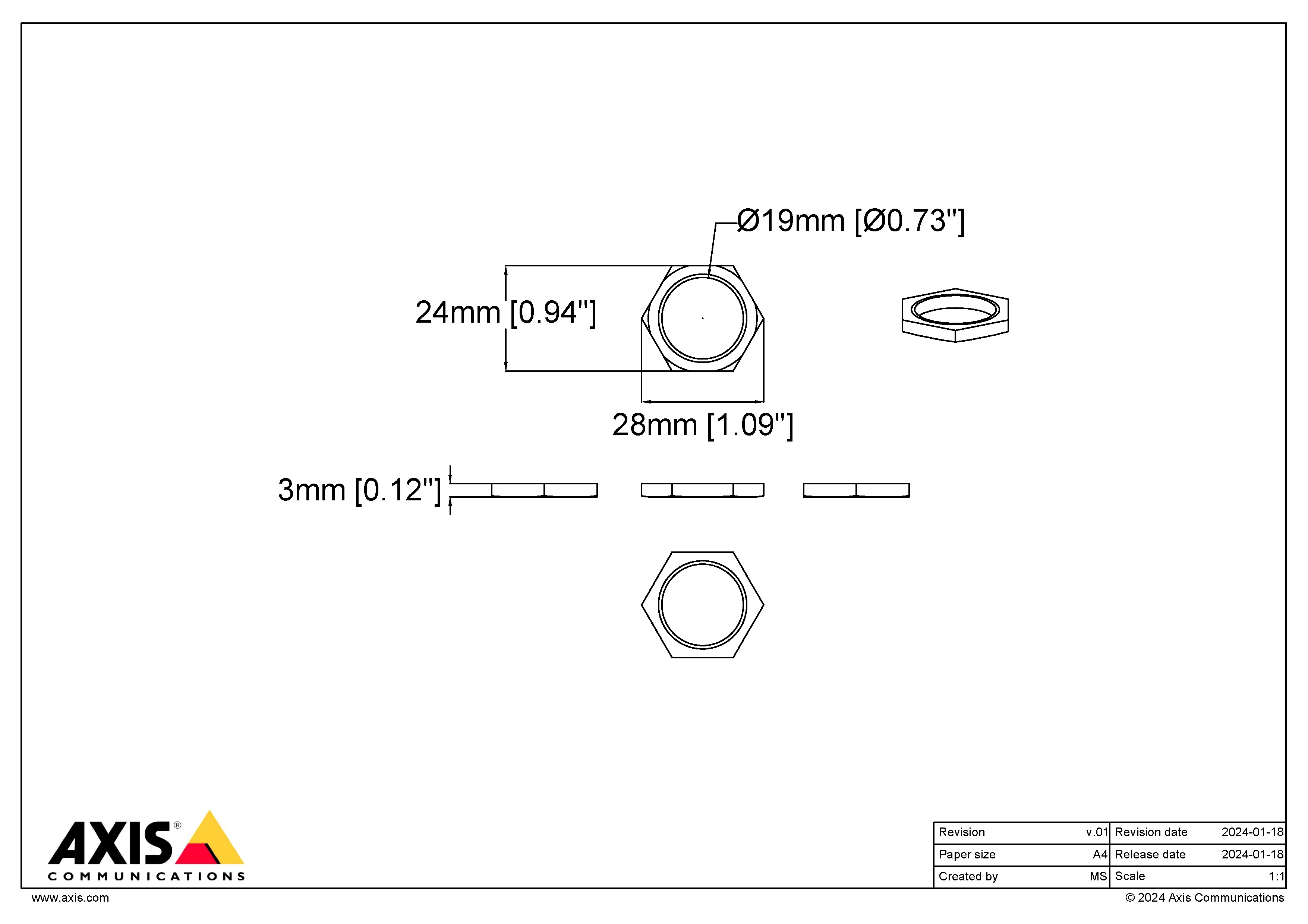 AXIS P1245 from Axis Communications - dimension diagram showing mounting measurements (view 2)