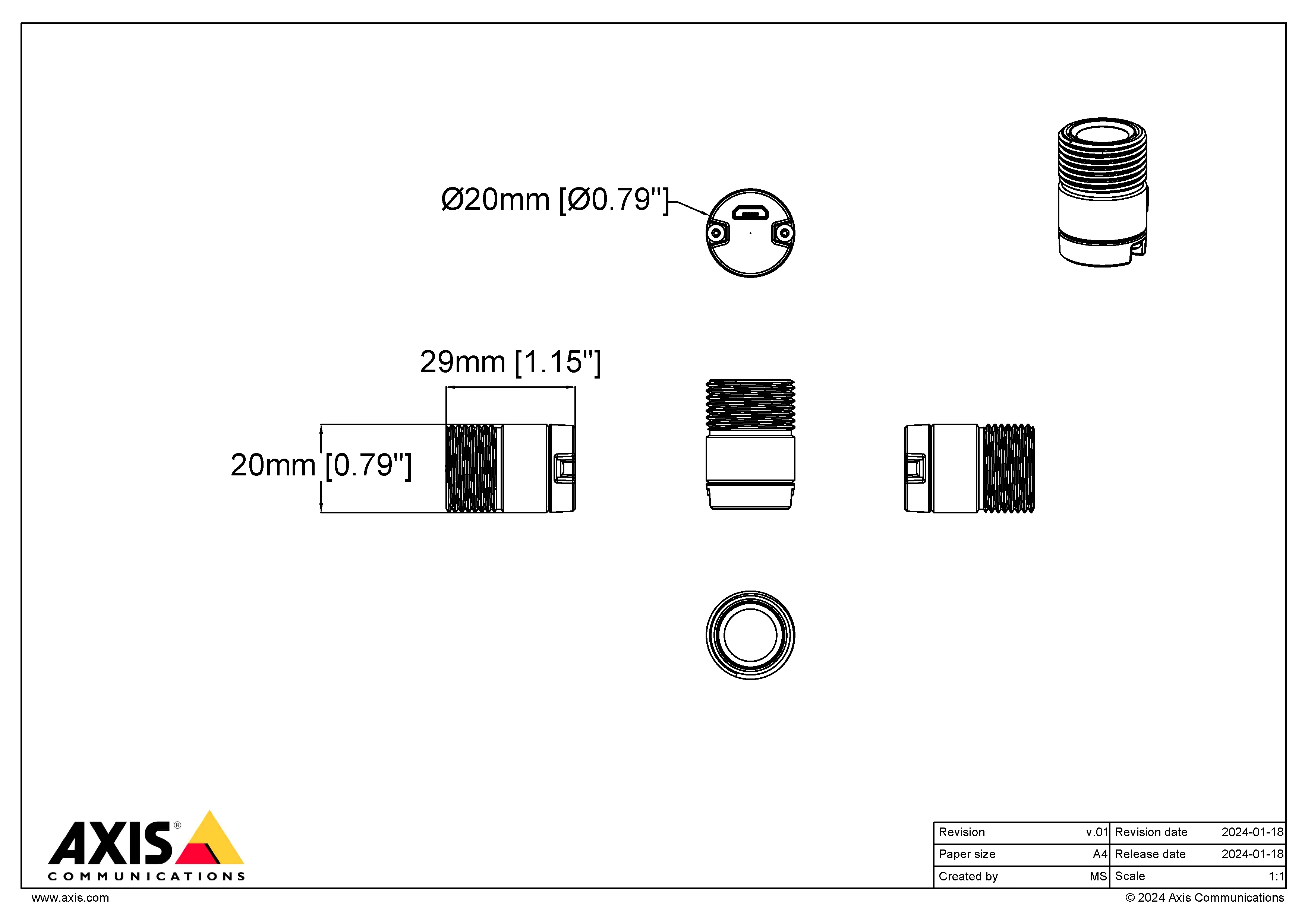 AXIS P1245 from Axis Communications - dimension diagram showing mounting measurements (view 3)