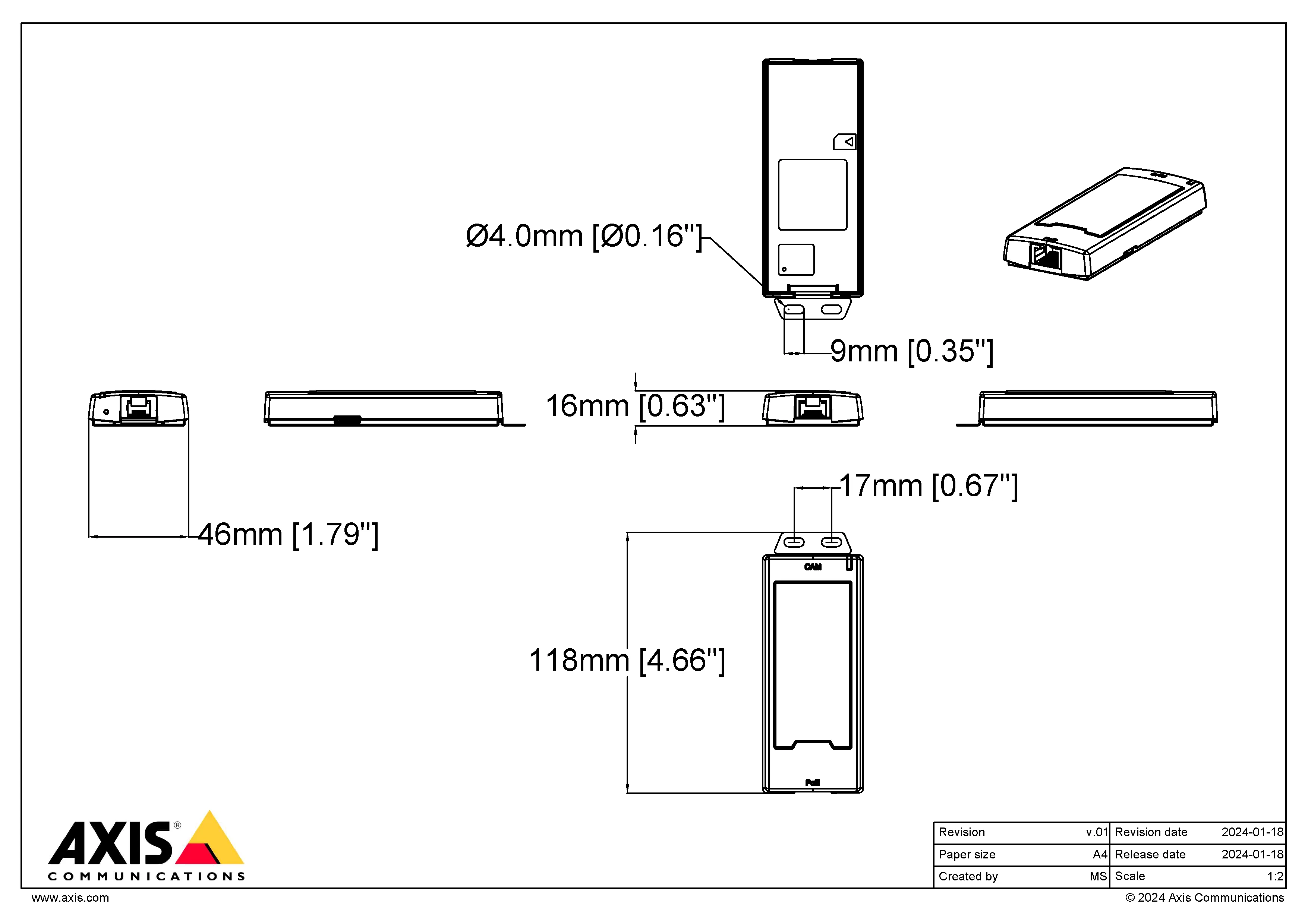 AXIS P1245 from Axis Communications - dimension diagram showing mounting measurements (view 4)