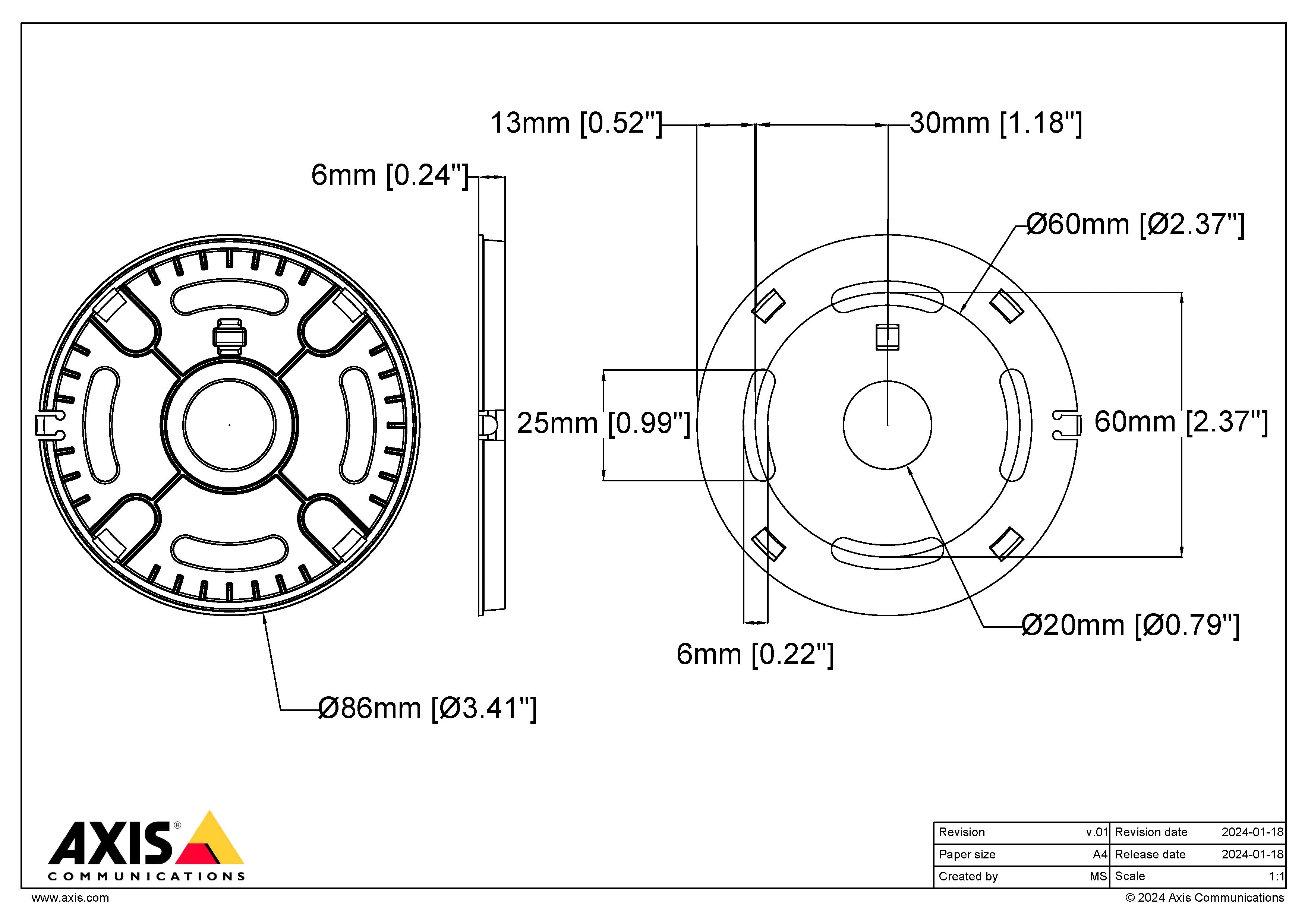AXIS P1275 from Axis Communications - dimension diagram showing mounting measurements (view 2)