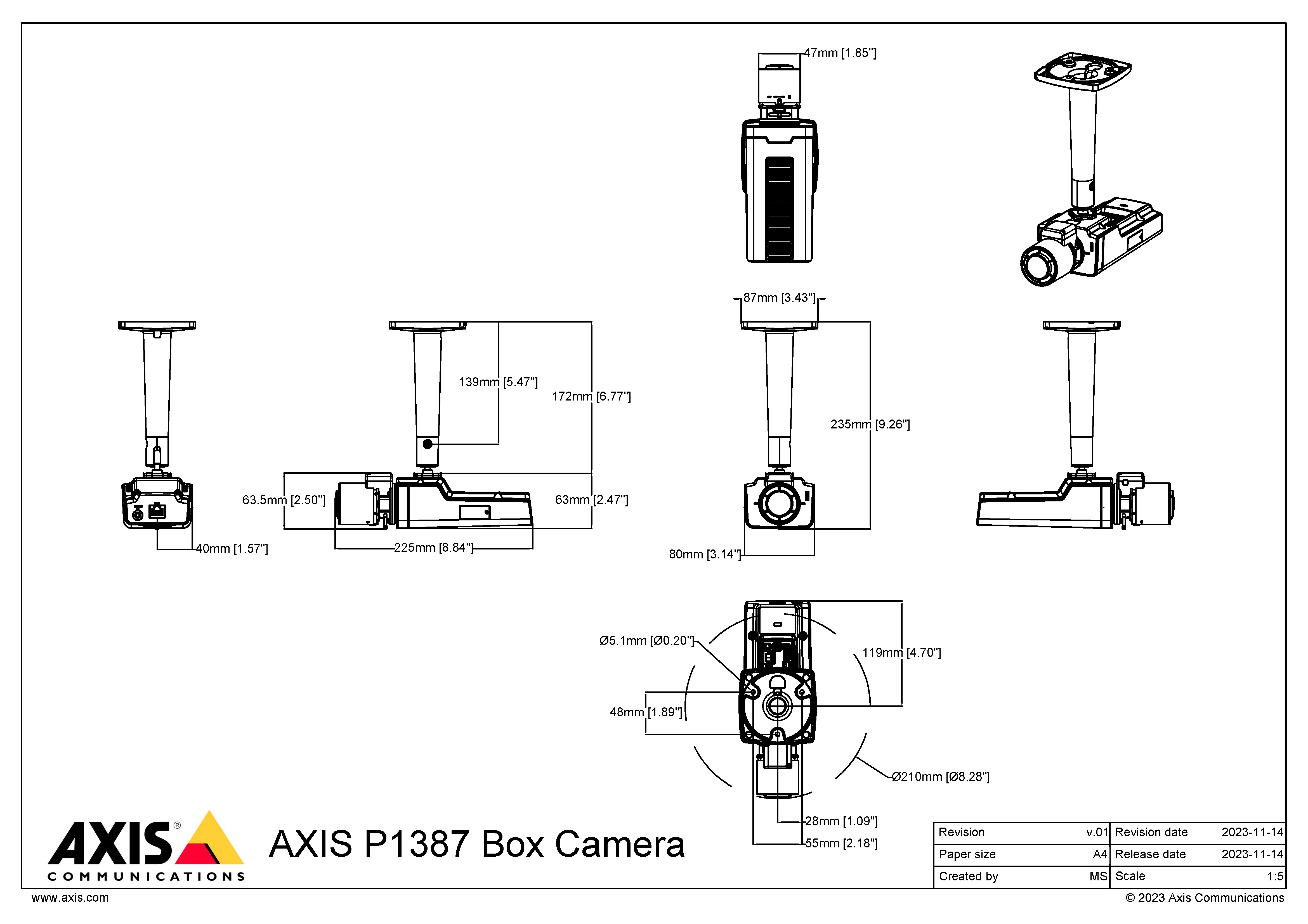 AXIS P1387 from Axis Communications - dimension diagram showing mounting measurements (view 2)
