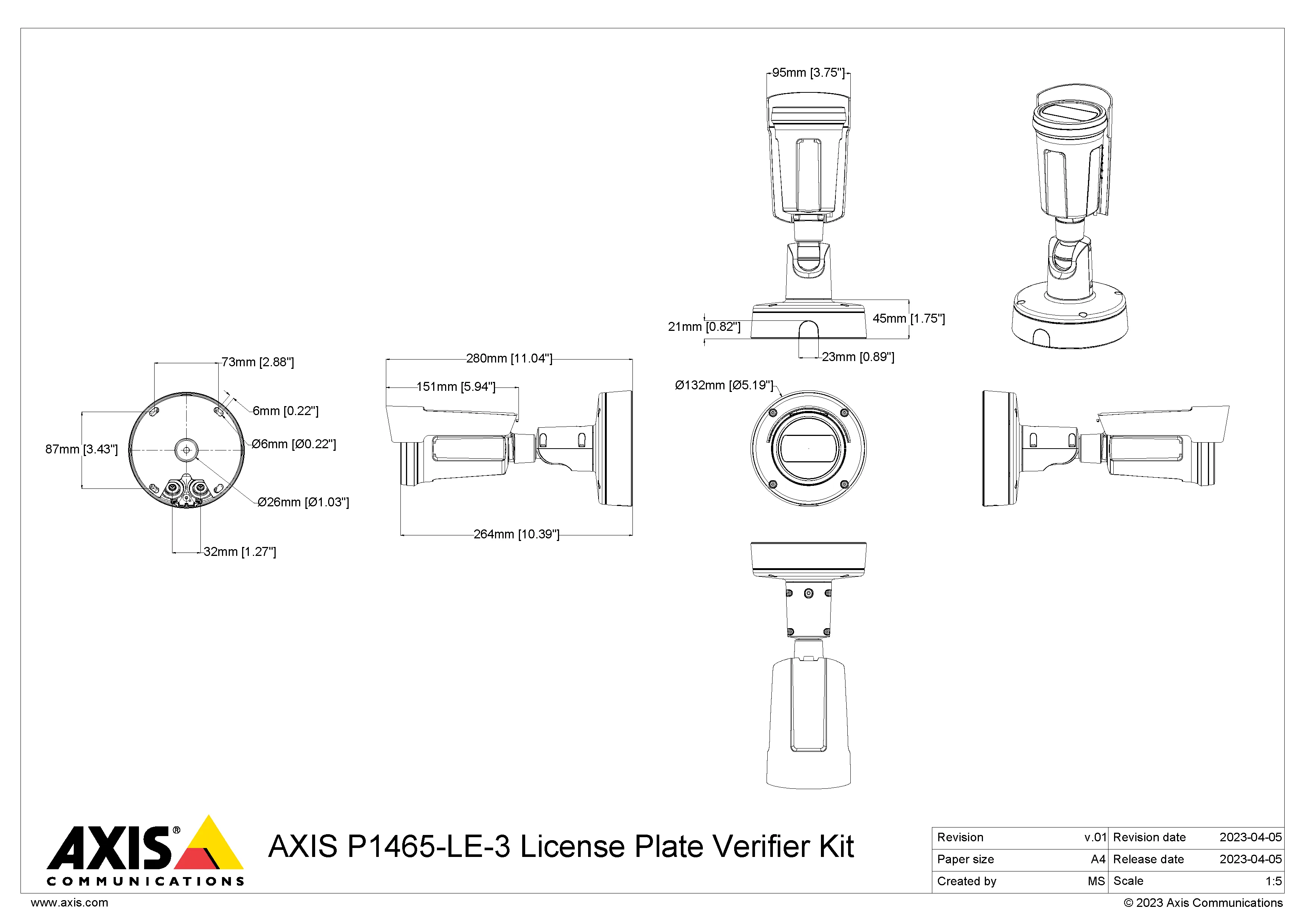 AXIS P1465-LE-3 from Axis Communications - dimension diagram showing mounting measurements