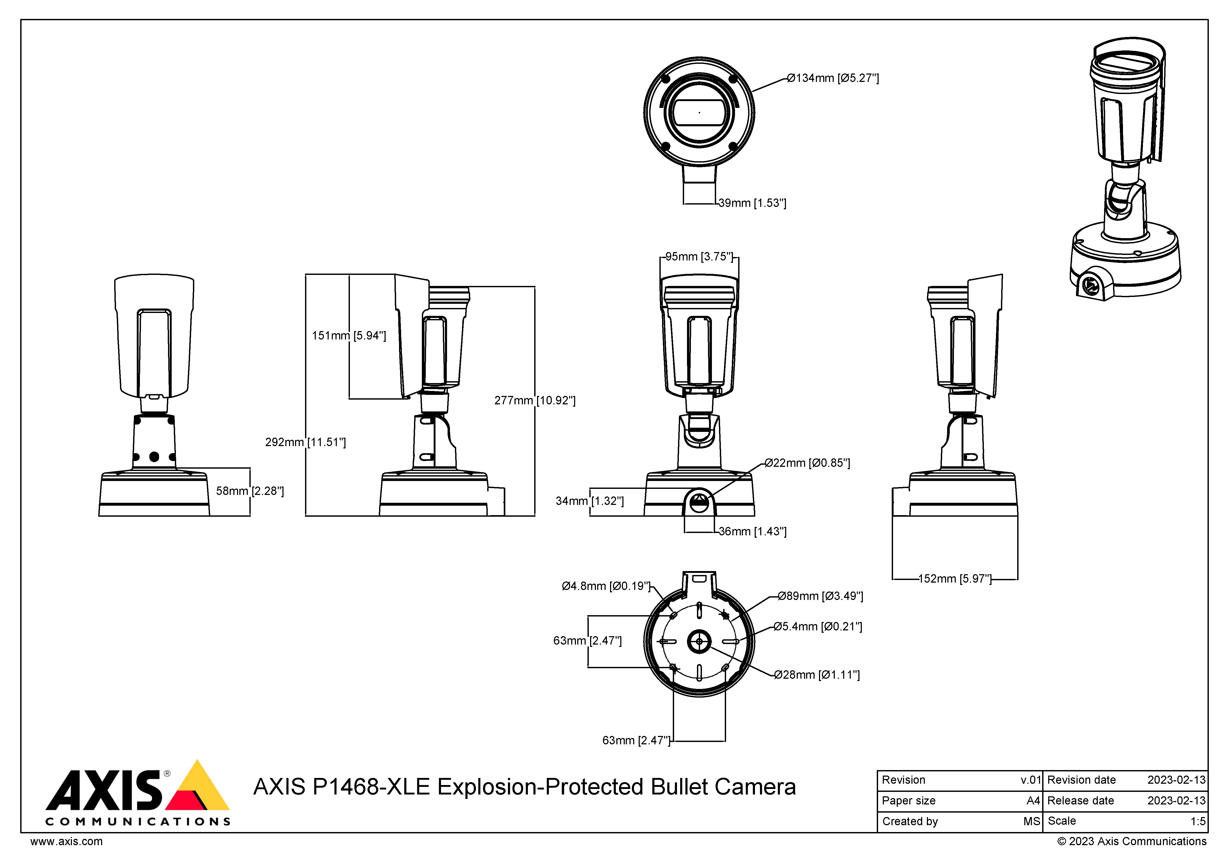 AXIS P1468-XLE from Axis Communications - dimension diagram showing mounting measurements (view 2)