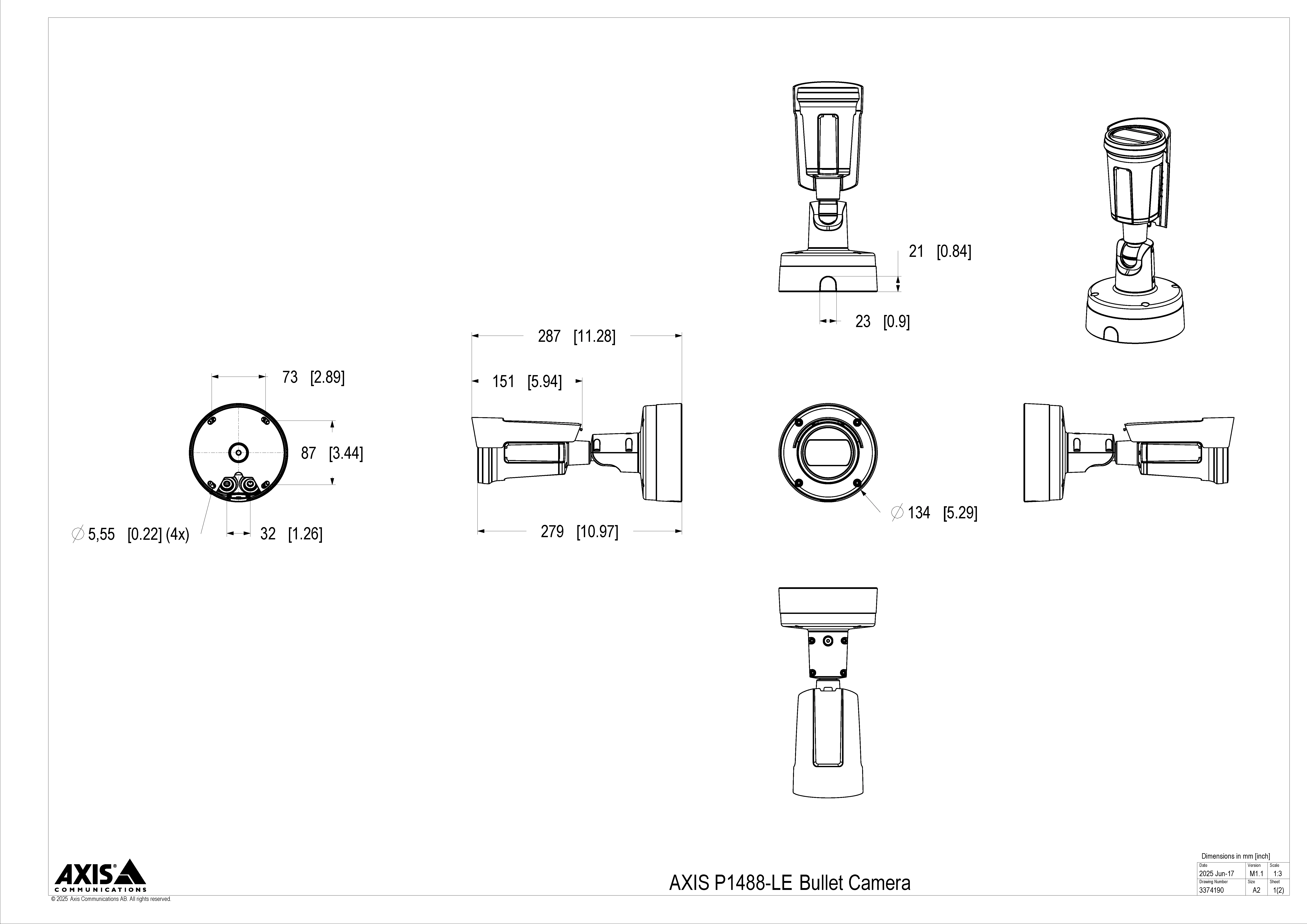 AXIS P1488-LE from Axis Communications - dimension diagram showing mounting measurements (view 4)