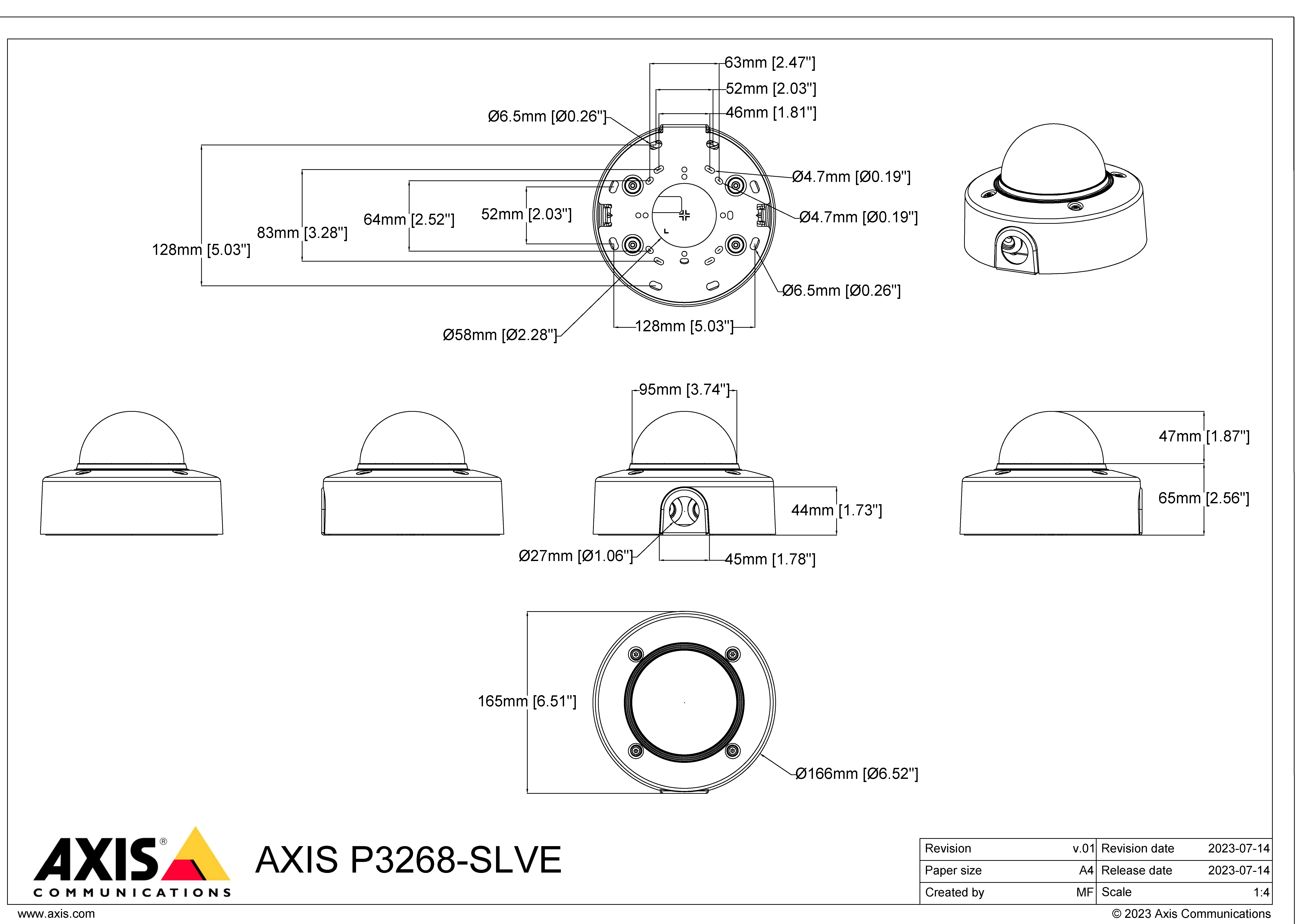 AXIS P3268-SLVE from Axis Communications - dimension diagram showing mounting measurements (view 2)
