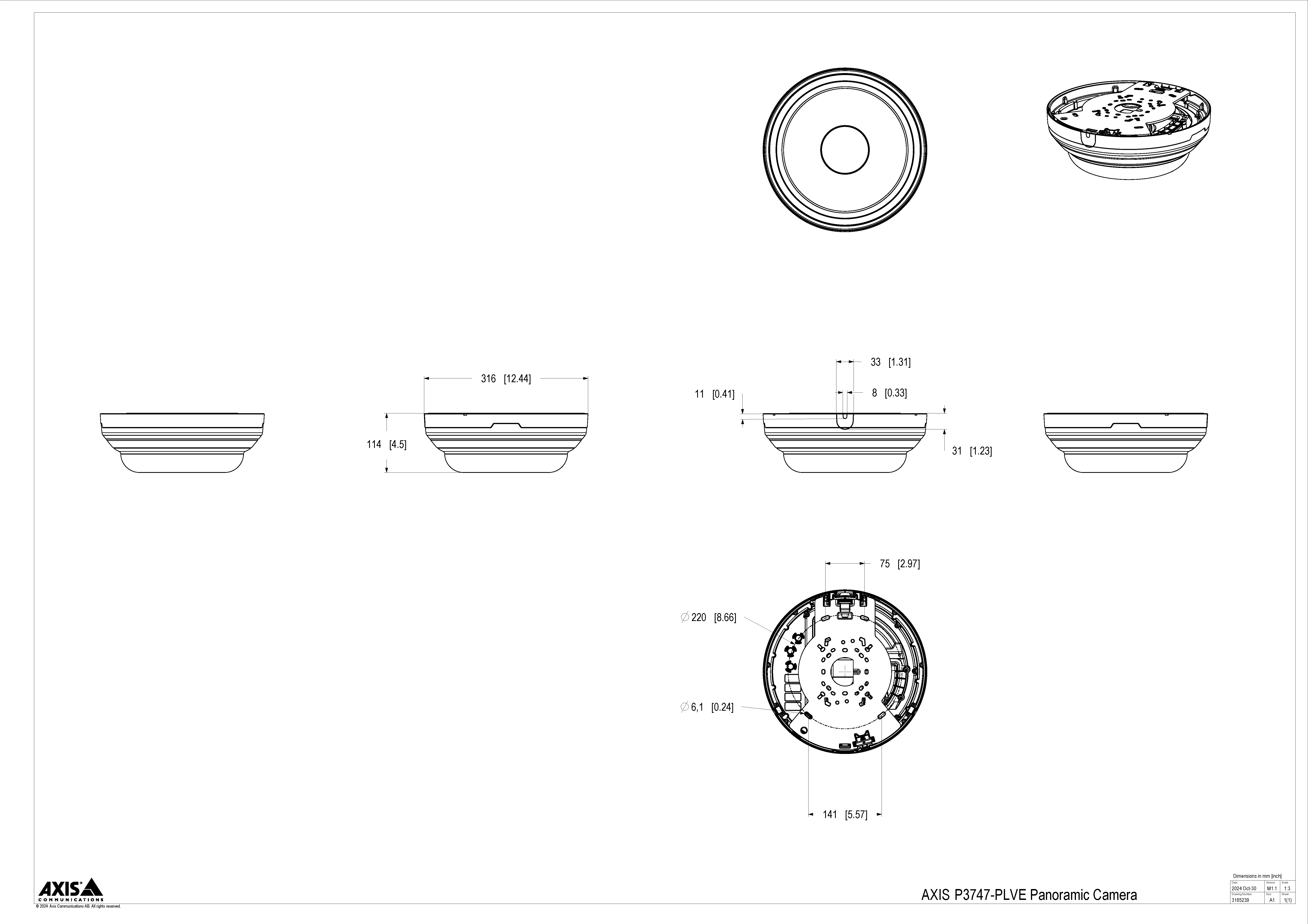 AXIS P3747-PLVE from Axis Communications - dimension diagram showing mounting measurements (view 3)