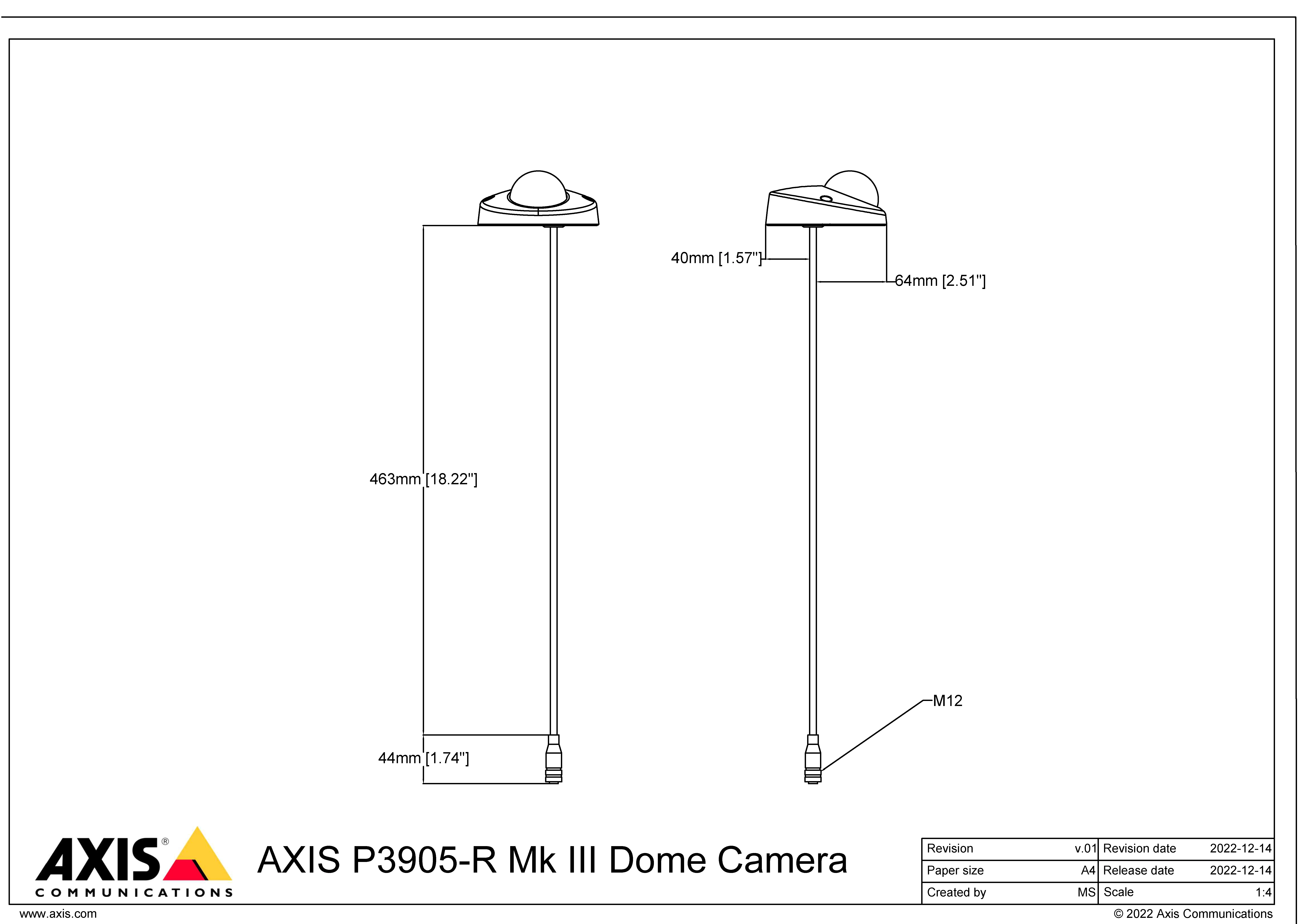 AXIS P3905-R from Axis Communications - dimension diagram showing mounting measurements