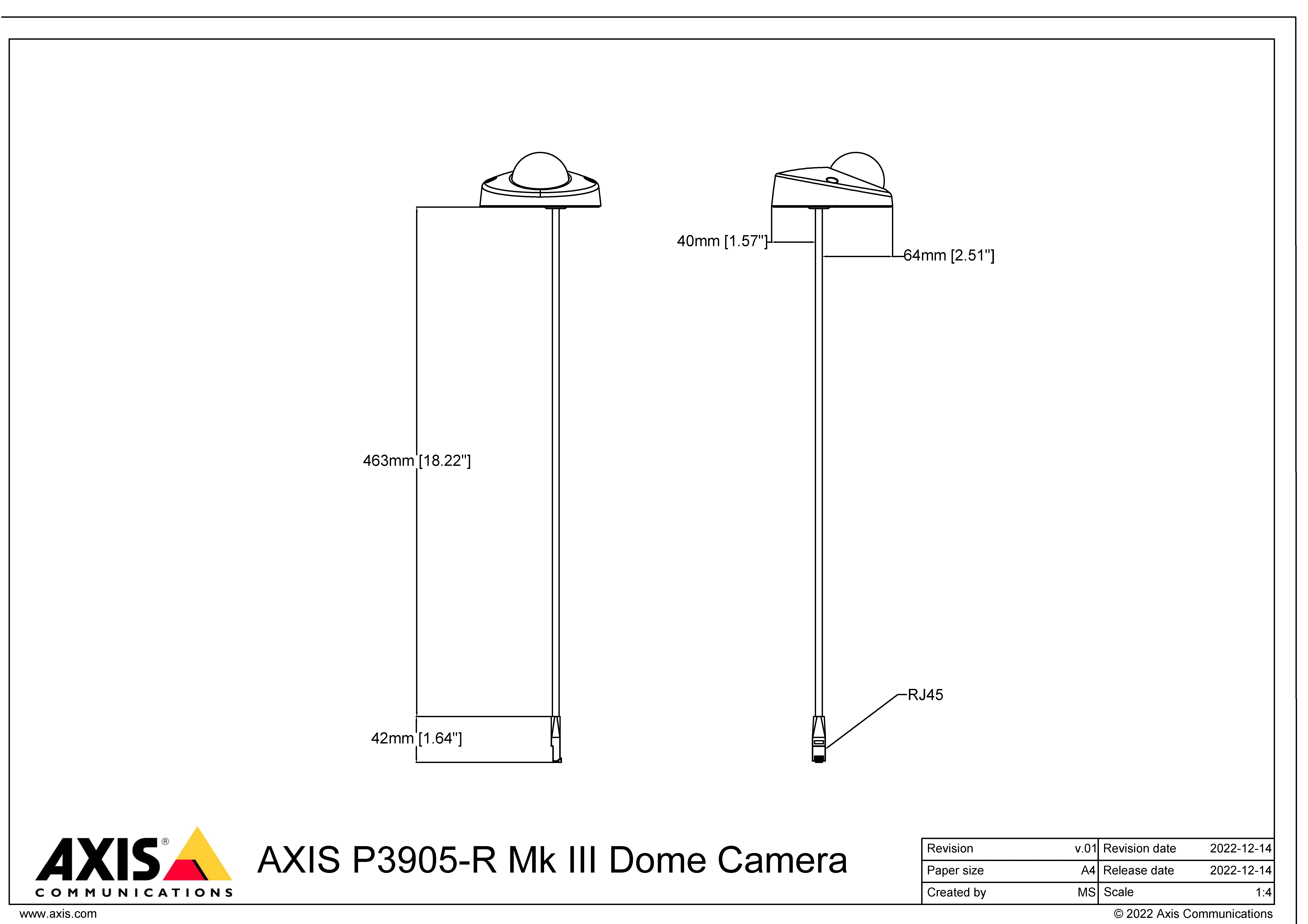 AXIS P3905-R from Axis Communications - dimension diagram showing mounting measurements (view 2)