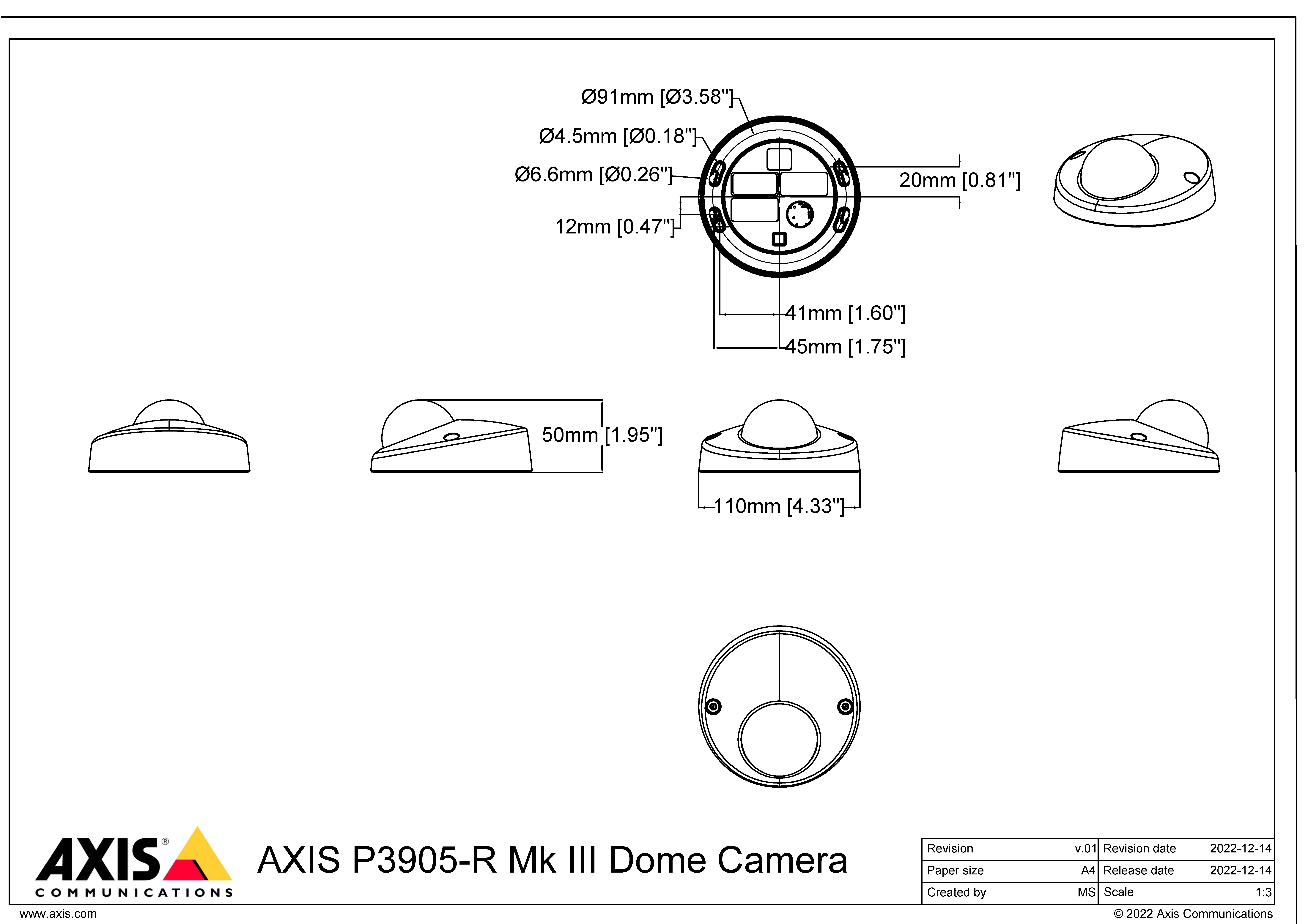 AXIS P3905-R from Axis Communications - dimension diagram showing mounting measurements (view 3)