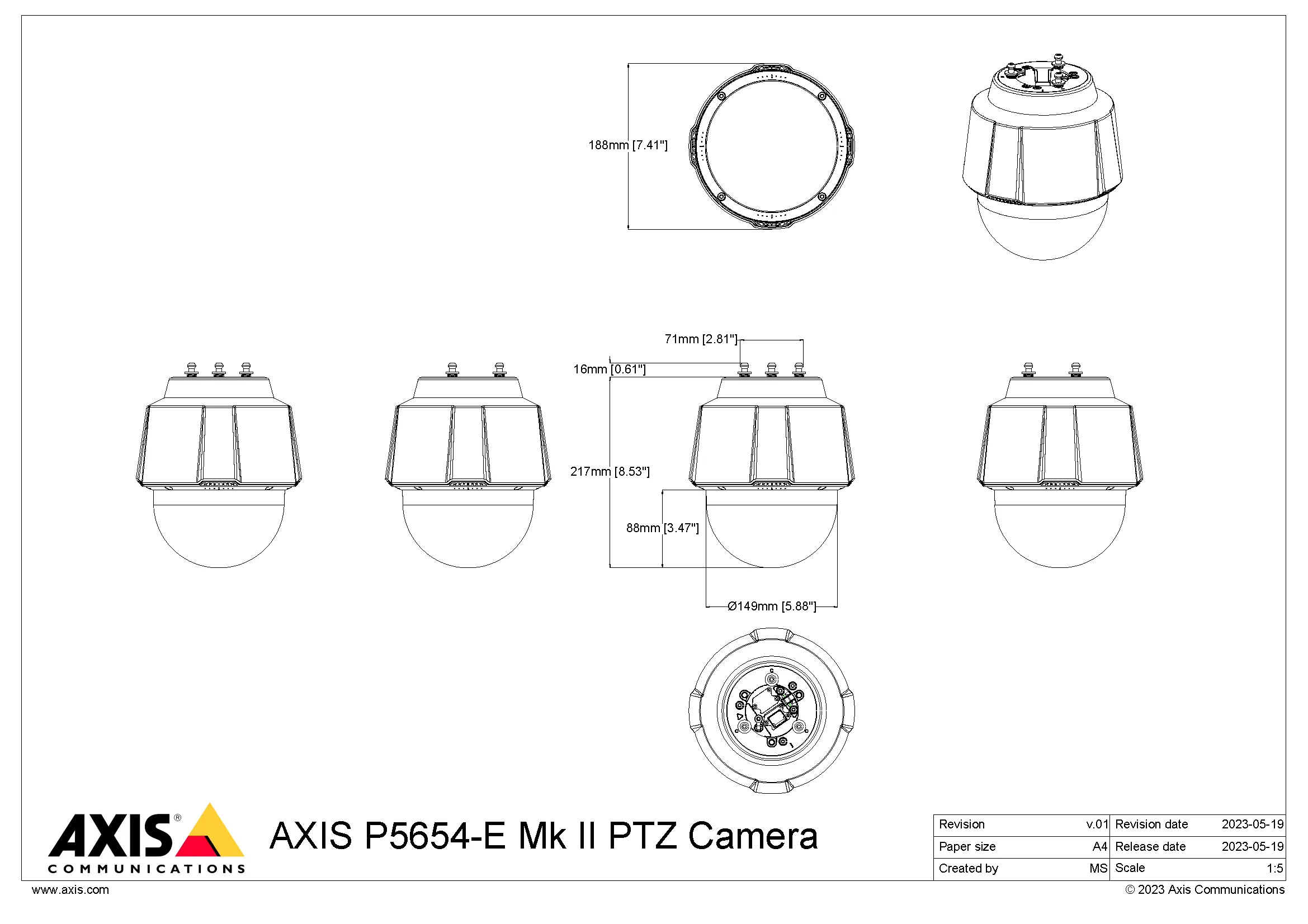 AXIS P5654-E from Axis Communications - dimension diagram showing mounting measurements (view 2)