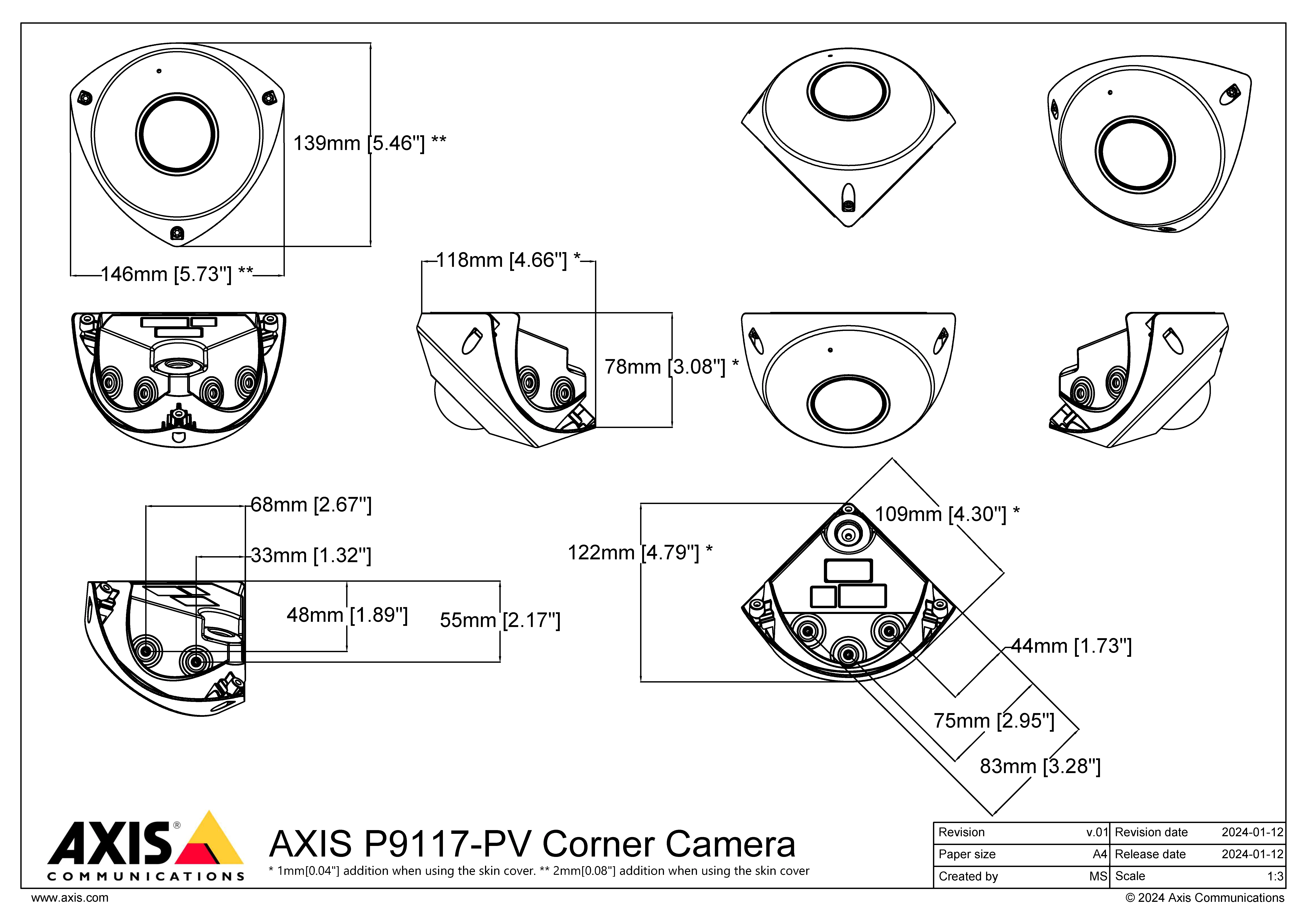 AXIS P9117-PV from Axis Communications - dimension diagram showing mounting measurements (view 3)
