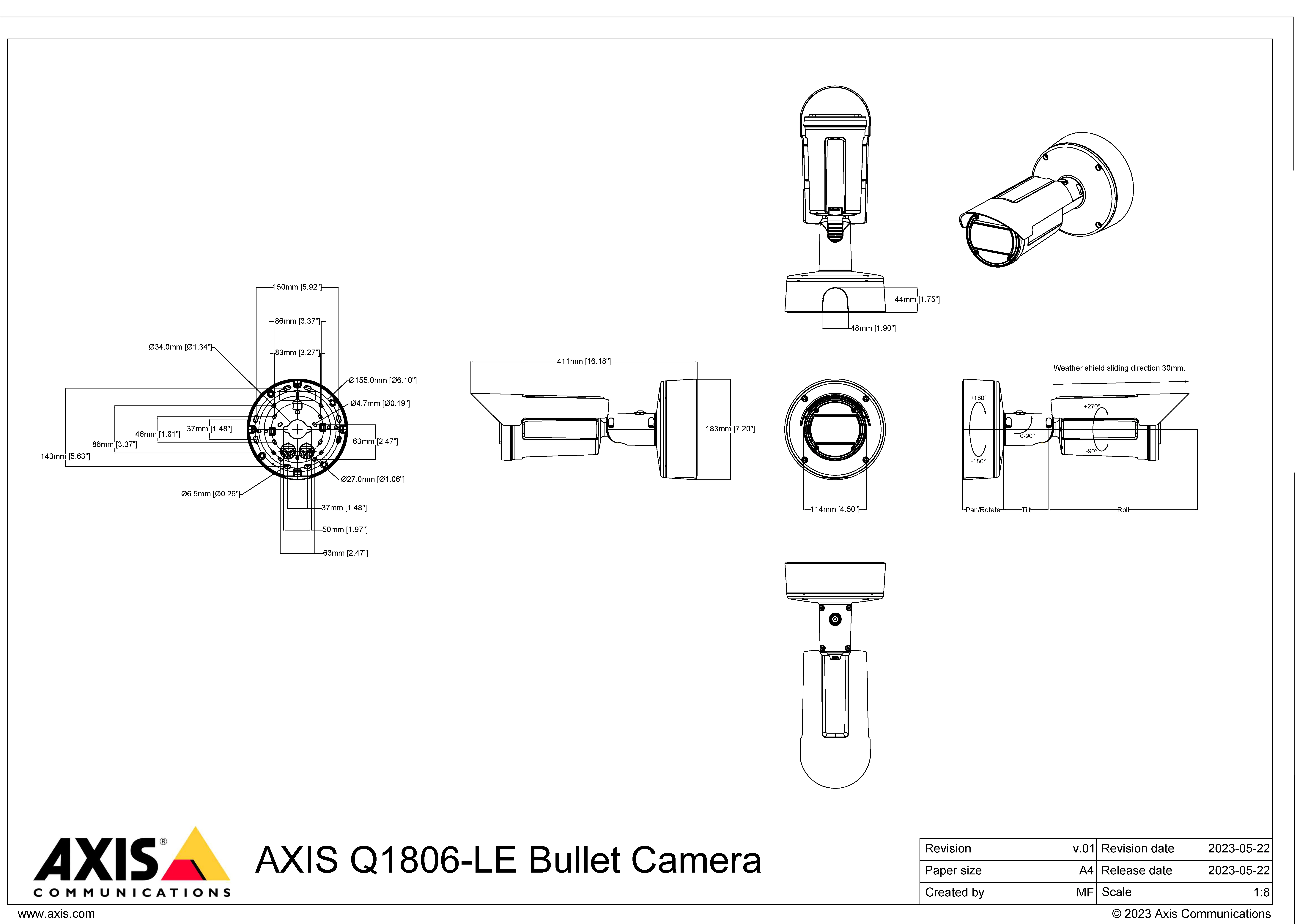 AXIS Q1806-LE from Axis Communications - dimension diagram showing mounting measurements (view 2)