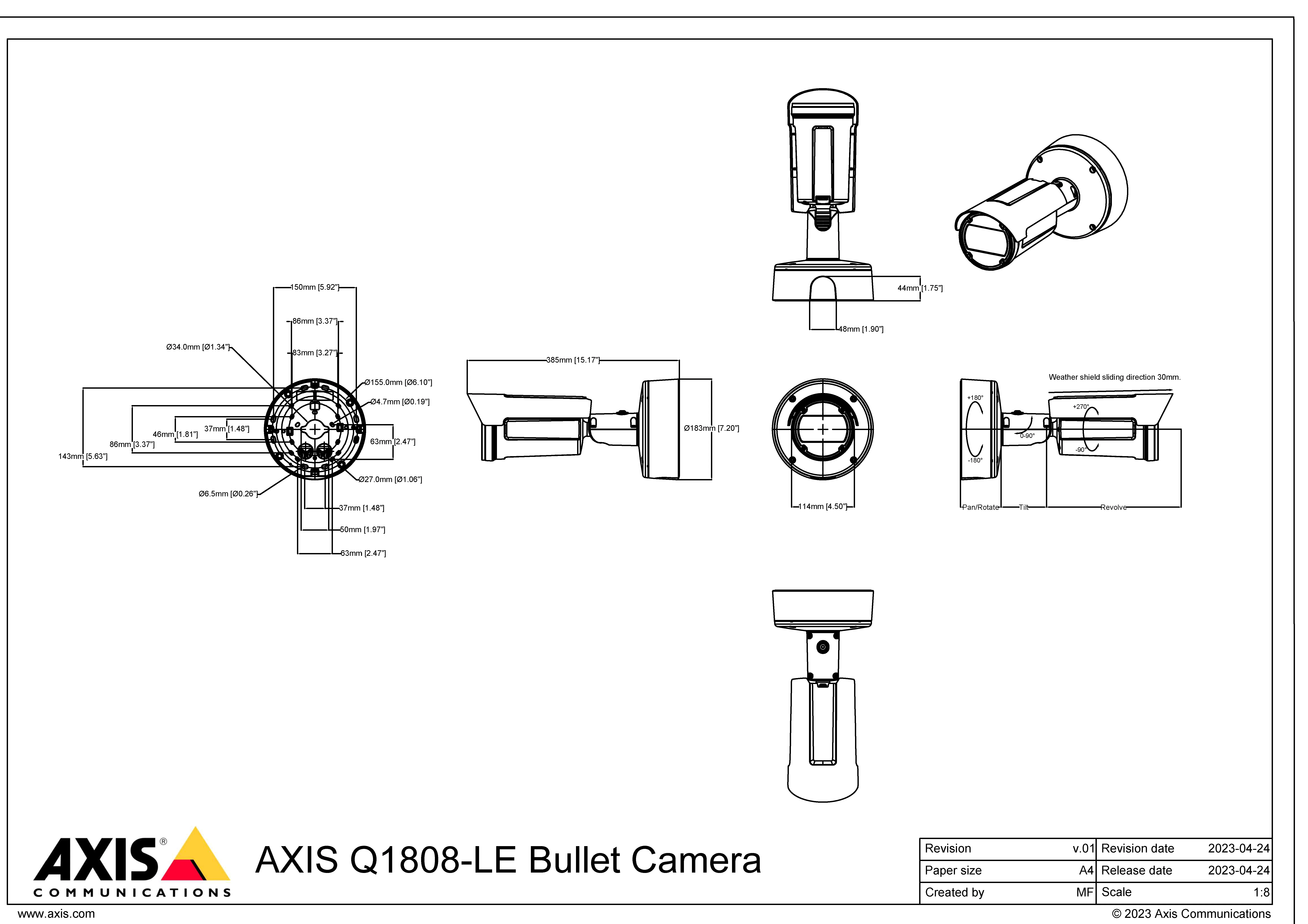 AXIS Q1808-LE from Axis Communications - dimension diagram showing mounting measurements (view 4)