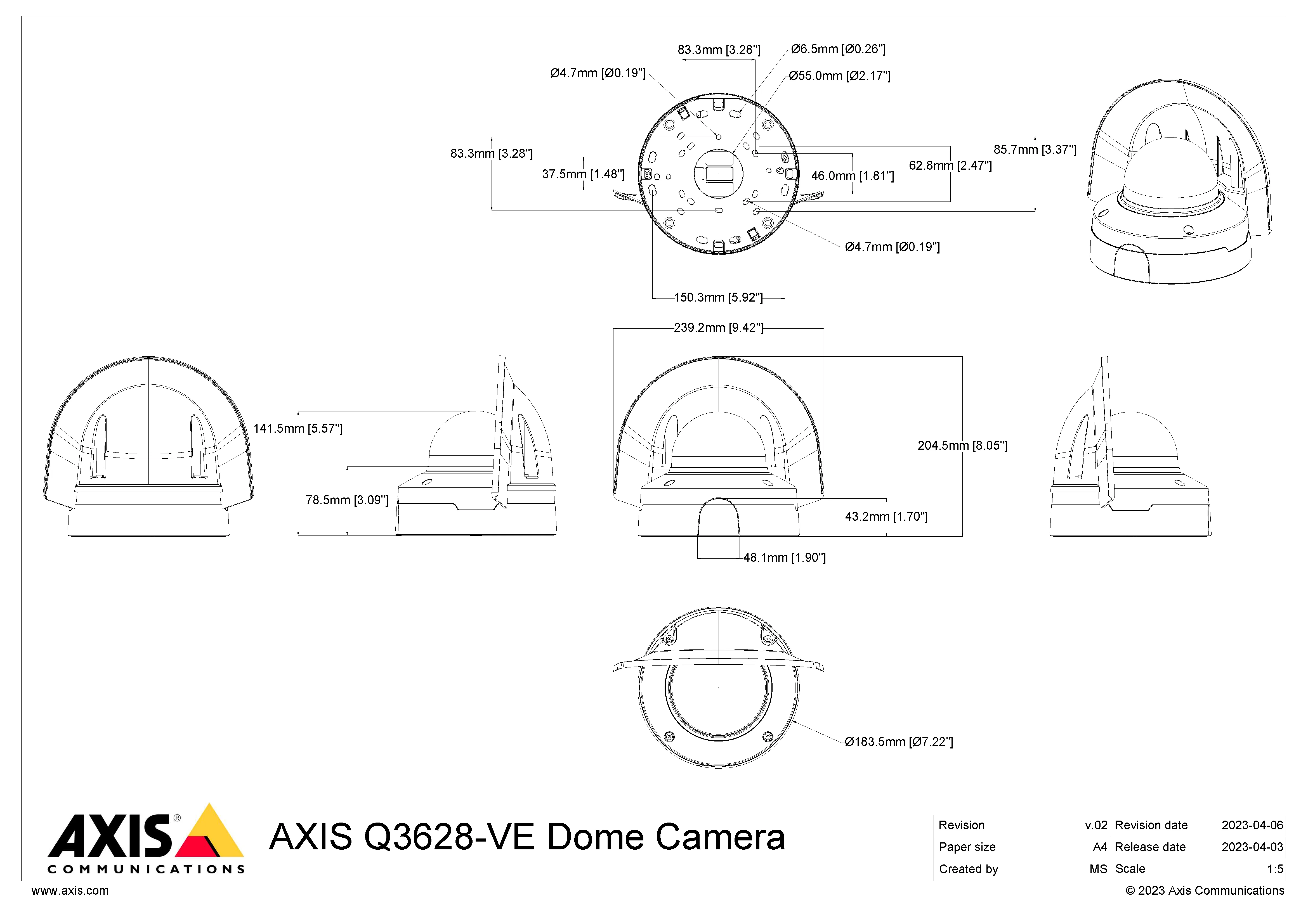 AXIS Q3628-VE from Axis Communications - dimension diagram showing mounting measurements