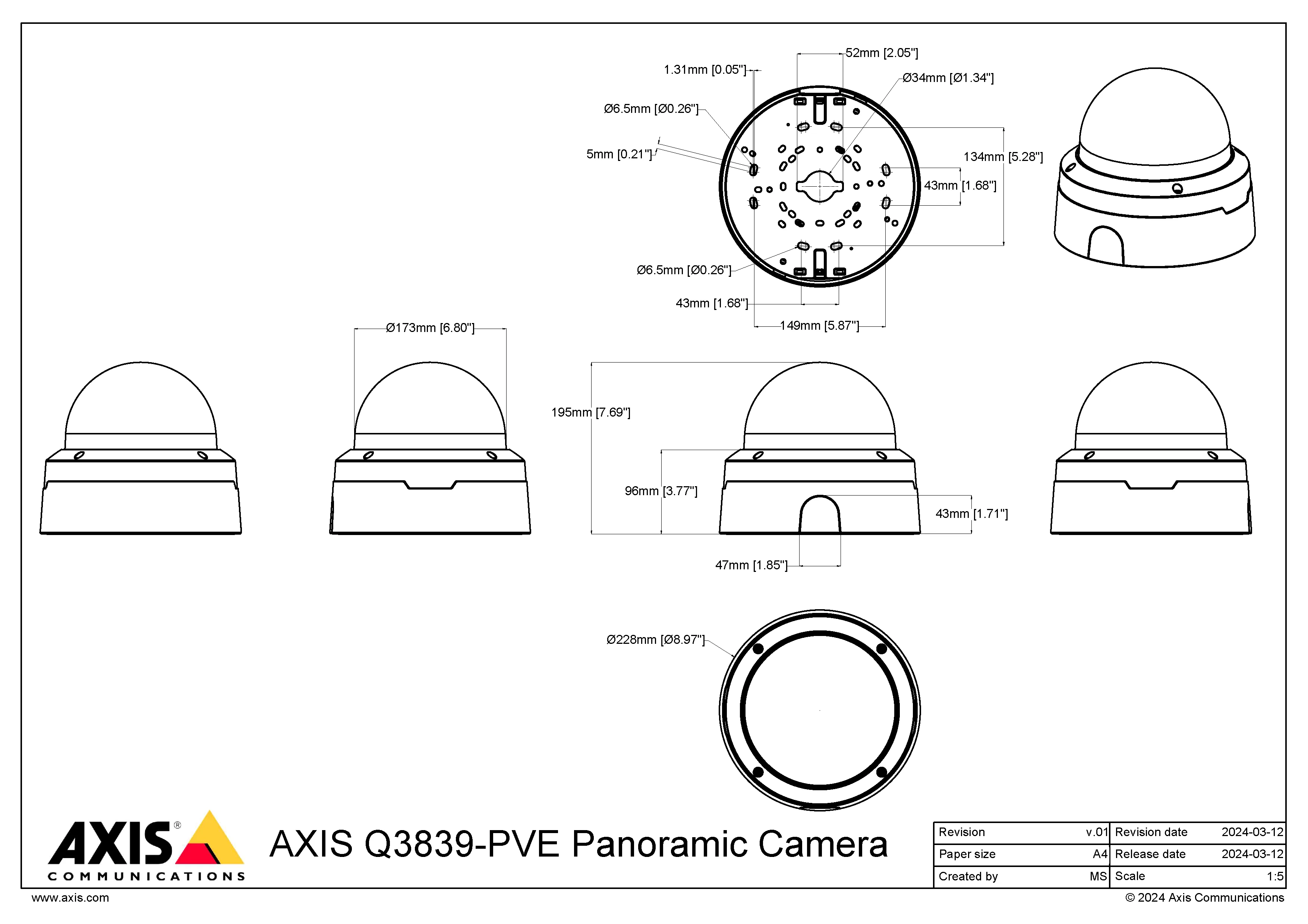 AXIS Q3839-PVE from Axis Communications - dimension diagram showing mounting measurements (view 2)