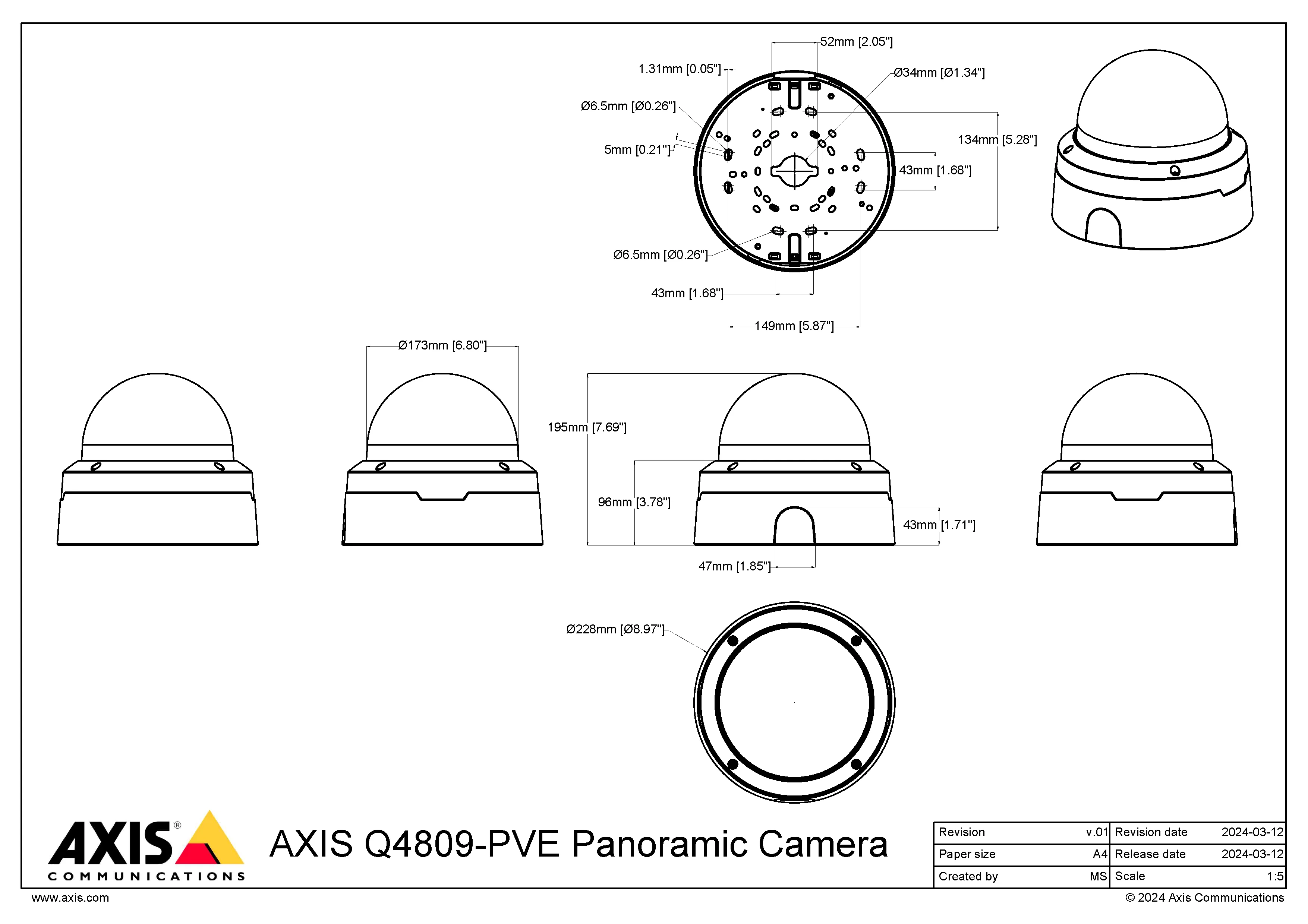 AXIS Q4809-PVE from Axis Communications - dimension diagram showing mounting measurements (view 2)