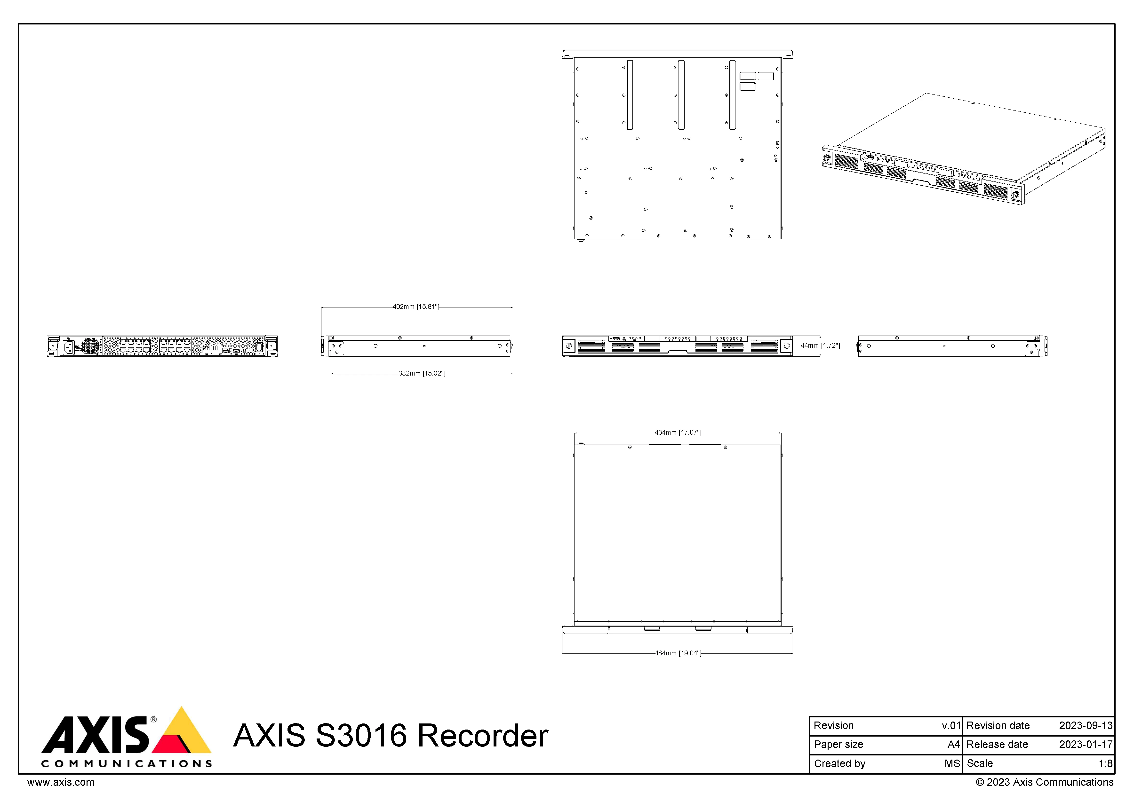 AXIS S3016 from Axis Communications - dimension diagram showing mounting measurements (view 2)
