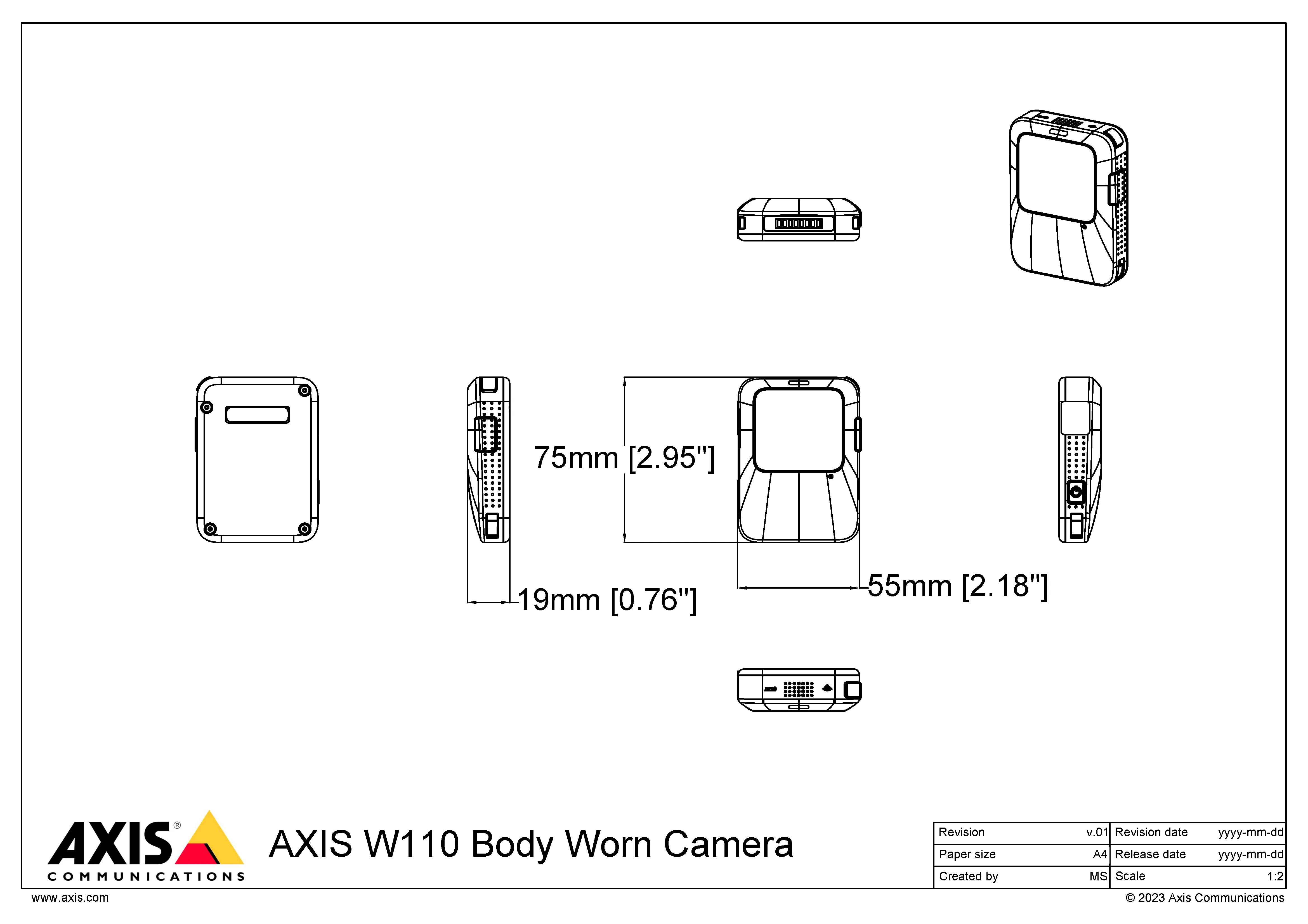 AXIS W110 from Axis Communications - dimension diagram showing mounting measurements (view 2)