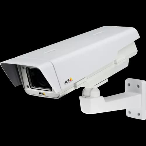 AXIS P1357-E from AXIS COMMUNICATIONS - outdoor-ready IP camera with P-Iris control. The camera is viewed from its left.