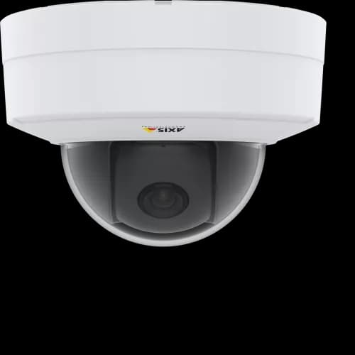 IP Camera AXIS P3245 v has Remote zoom and focus. The camera is viewed from ceiling front from AXIS COMMUNICATIONS