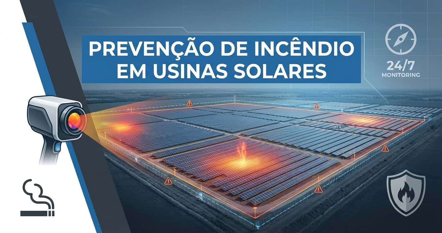 Termografia para prevenção de incêndio em usina solar, com câmeras térmicas monitorando zonas de perímetro em infraestrutura crítica.