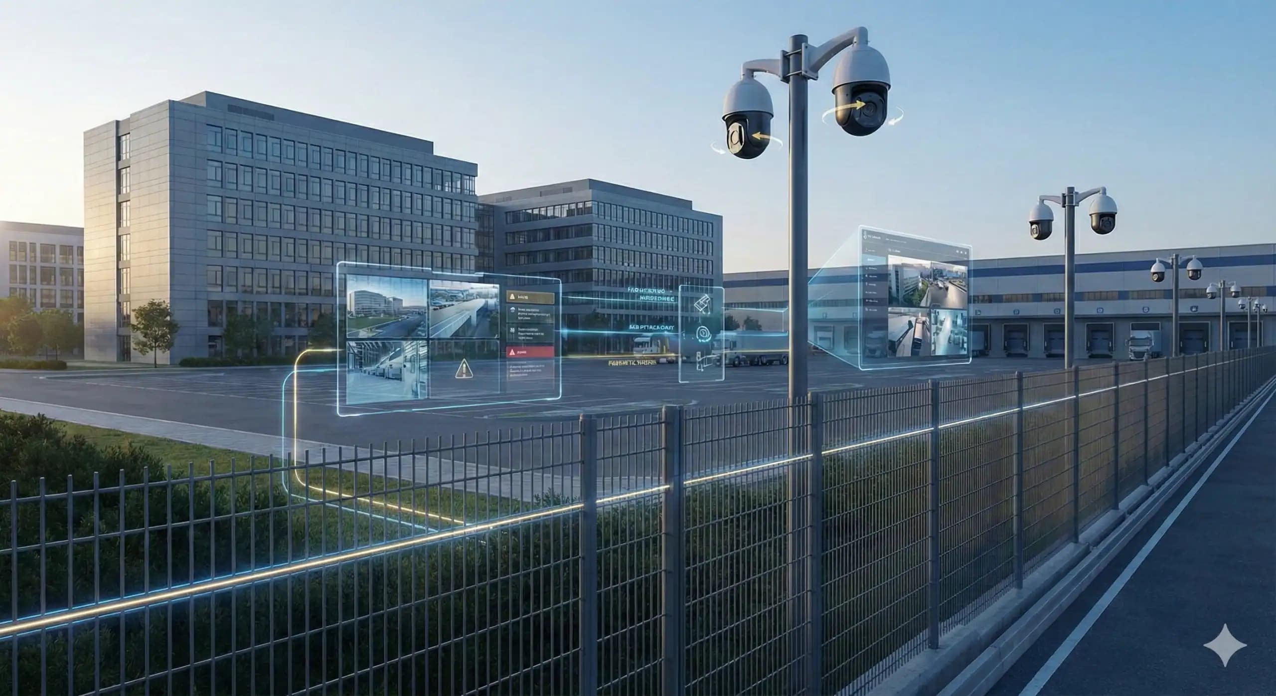 Sistema avançado de segurança eletrônica para B2B, com câmeras de vigilância PTZ e telas de monitoramento em um complexo empresarial e logístico.