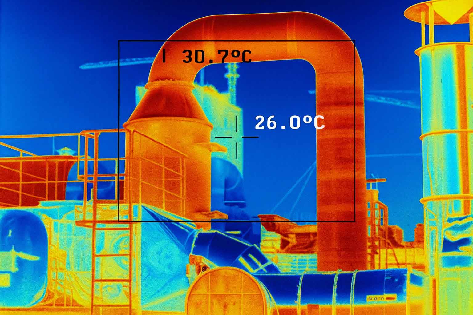 Imagem termográfica de planta industrial mostrando temperaturas