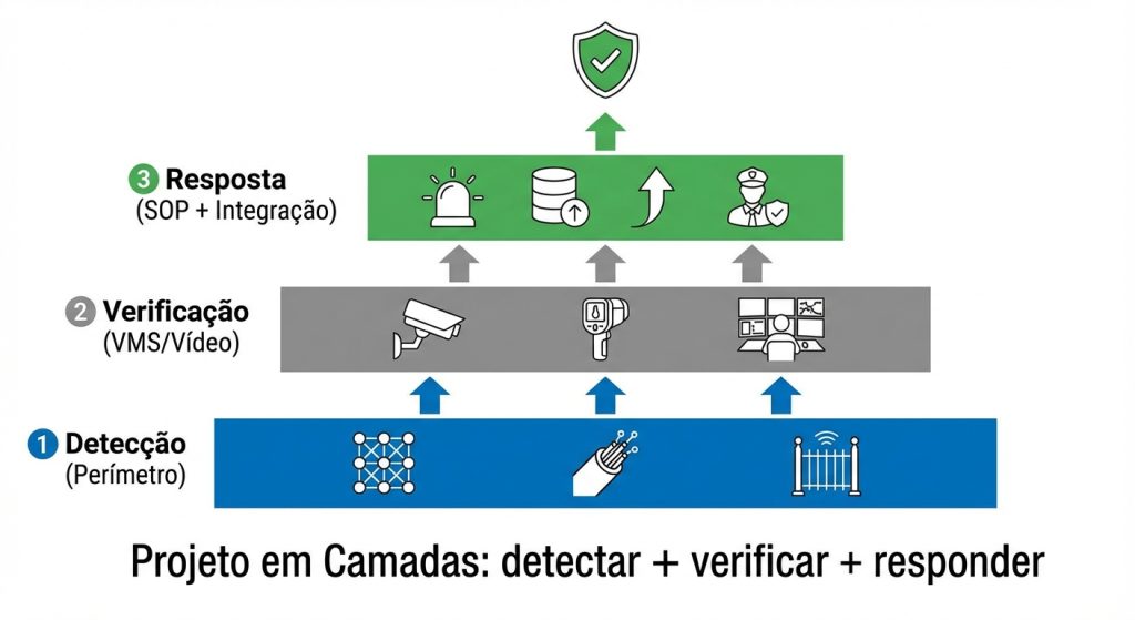 Diagrama de projeto de segurança eletrônica em usina solar mostrando camadas: segurança perimetral, videomonitoramento 24/7 e SOP operacional.