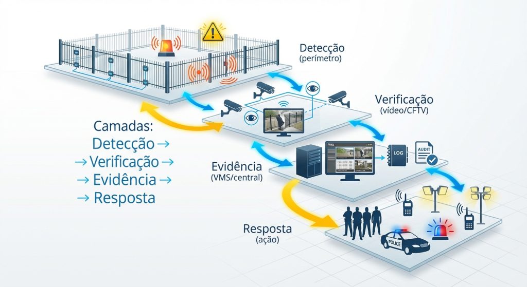Diagrama de camadas de segurança eletrônica em subestação de energia: detecção perimetral, verificação por CFTV IP, evidência e resposta 24/7.