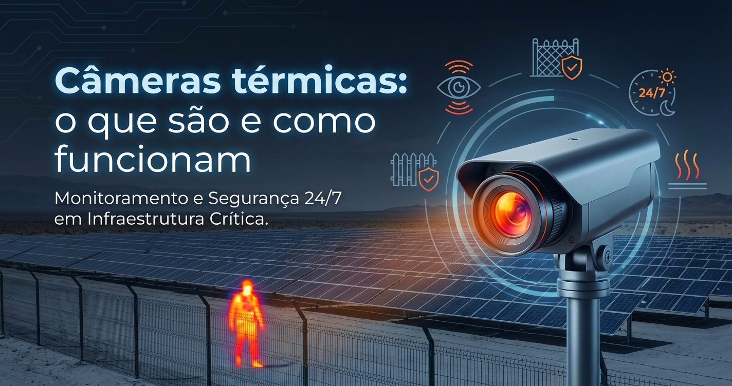 Câmera térmica em usina solar para segurança perimetral e detecção 24/7 em infraestrutura crítica