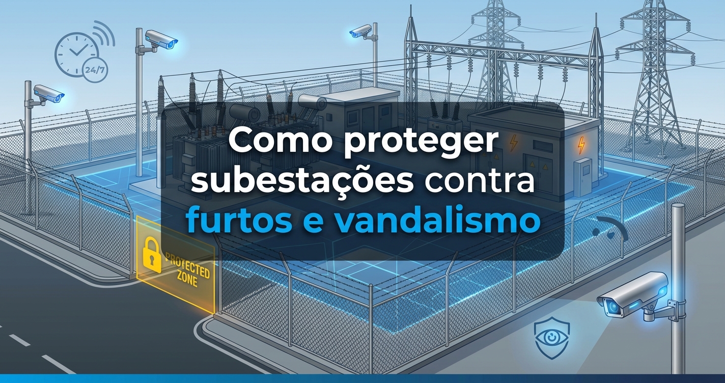 egurança eletrônica em subestação de energia com CFTV IP corporativo e proteção perimetral em operação 24/7
