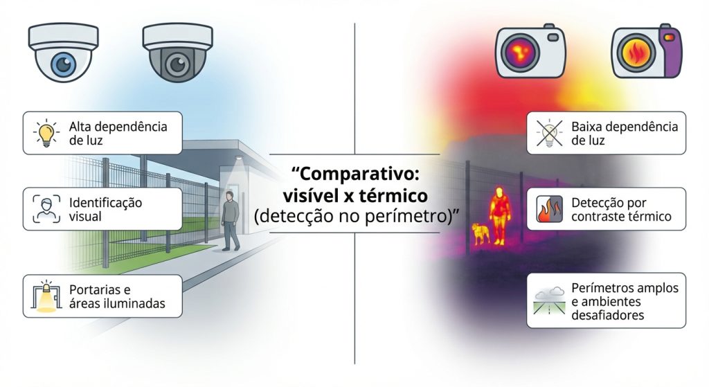 Comparativo visual entre câmera convencional e câmera térmica em perímetro de usina solar com baixa visibilidade em infraestrutura crítica.