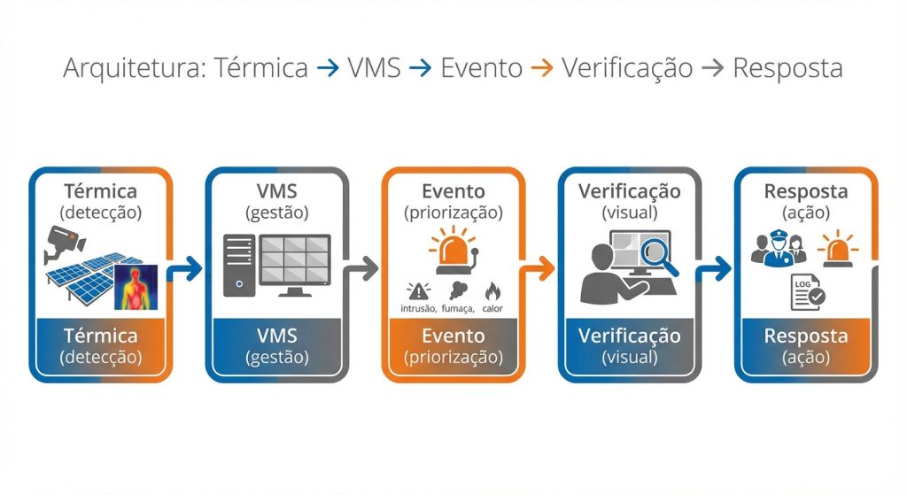 Diagrama de arquitetura com câmera térmica integrada ao VMS para detecção e resposta em segurança perimetral de usina solar em infraestrutura crítica.