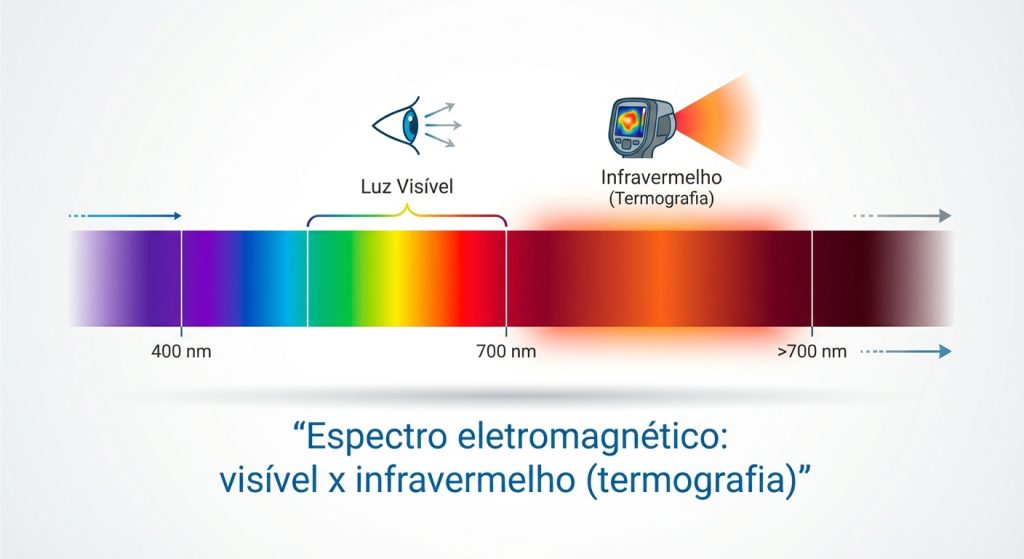 Diagrama do espectro: câmera térmica operando no infravermelho para segurança perimetral em usina solar e infraestrutura crítica.