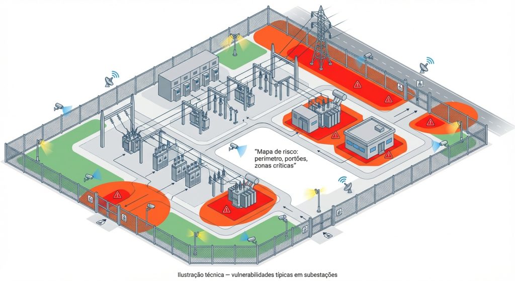 Mapa conceitual de zonas de risco em subestação de energia: perímetro, portões, pátio e áreas restritas em infraestrutura crítica.