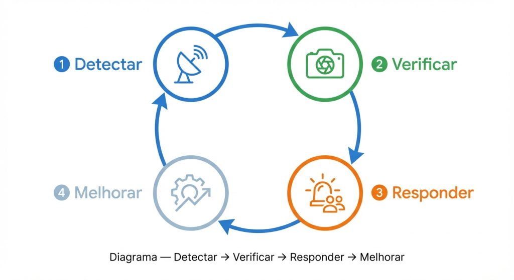 Diagrama do ciclo operacional de segurança eletrônica em usina solar: detectar, verificar por vídeo, responder e melhorar com KPIs.