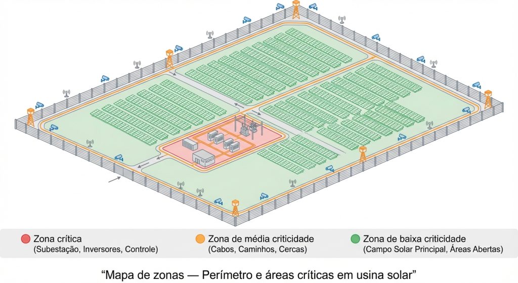 Mapa de zoneamento de segurança eletrônica em usina solar (parque solar) com perímetro segmentado e áreas críticas internas.