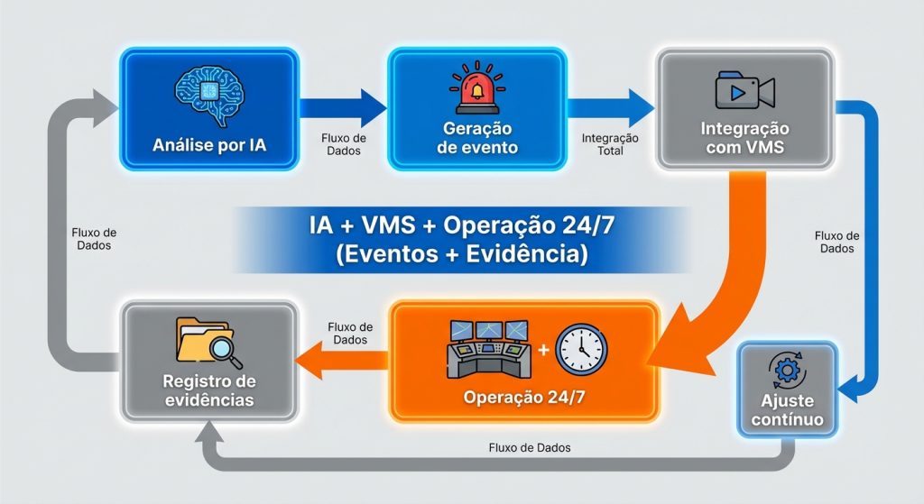 Diagrama de IA integrada ao VMS e videomonitoramento em operação 24/7 em centro logístico, com eventos e evidência.