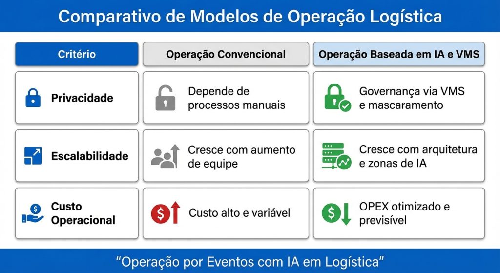 Tabela comparativa de operação por eventos com IA em logística, com foco em verificação por vídeo e redução de falsos alarmes.